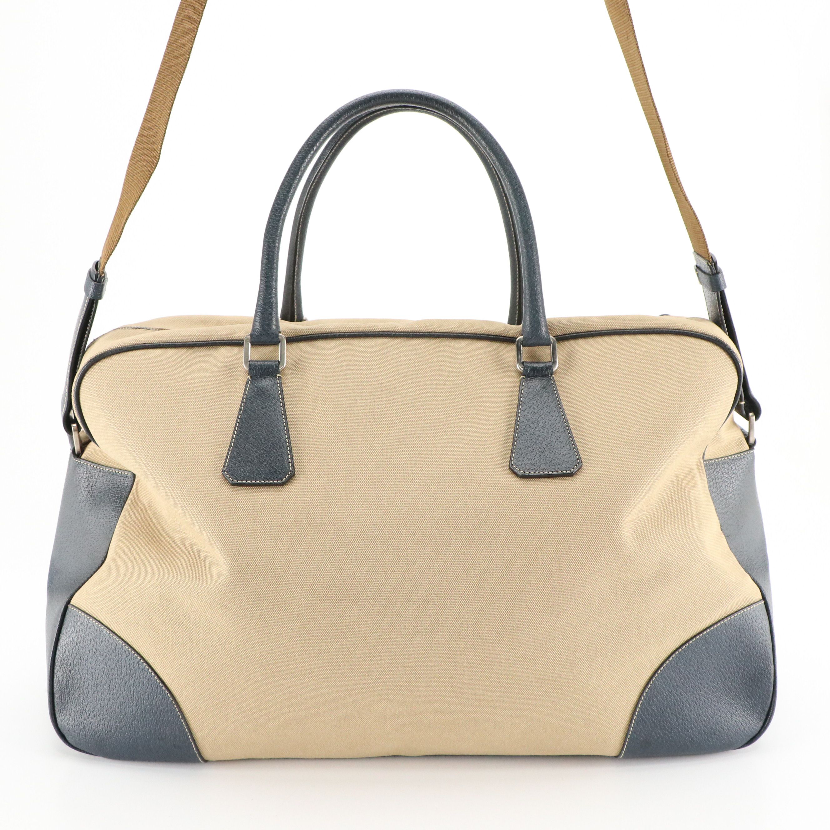 Prada Zip-Around Travel Bag in Beige Canvas and Marine Blue Cinghiale Leather