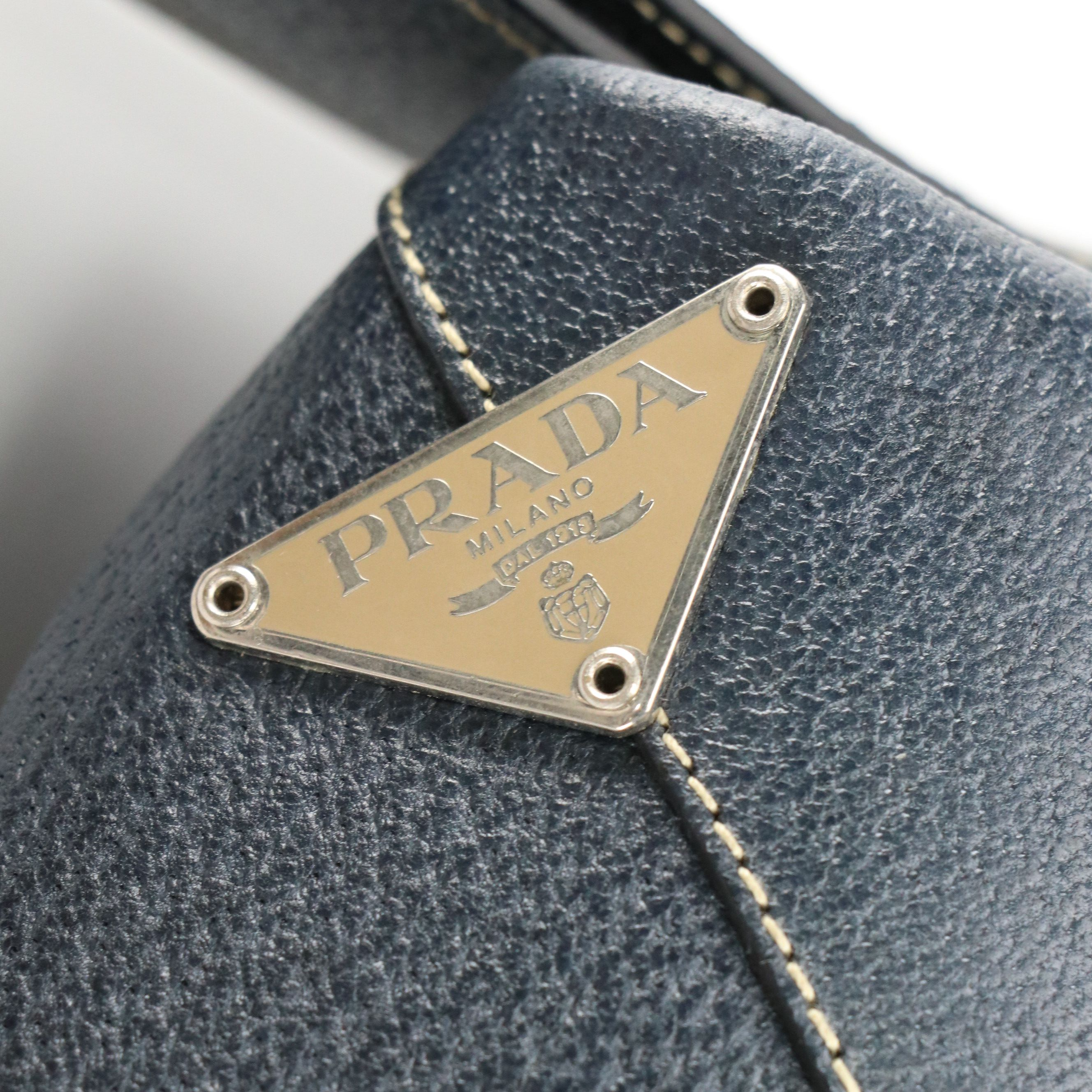 Prada Zip-Around Travel Bag in Beige Canvas and Marine Blue Cinghiale Leather