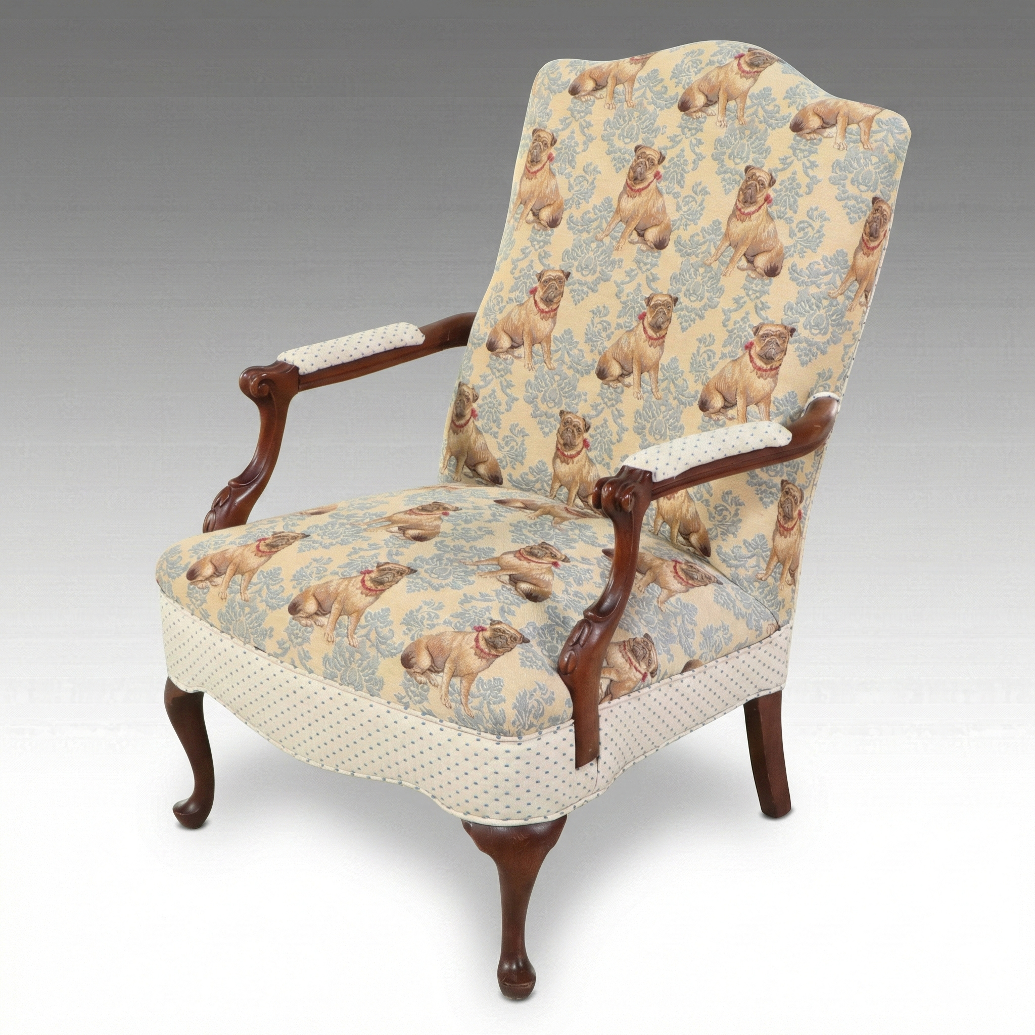 Chippendale Style Mahogany Lolling Chair with Pug Pattern Tapestry Upholstery