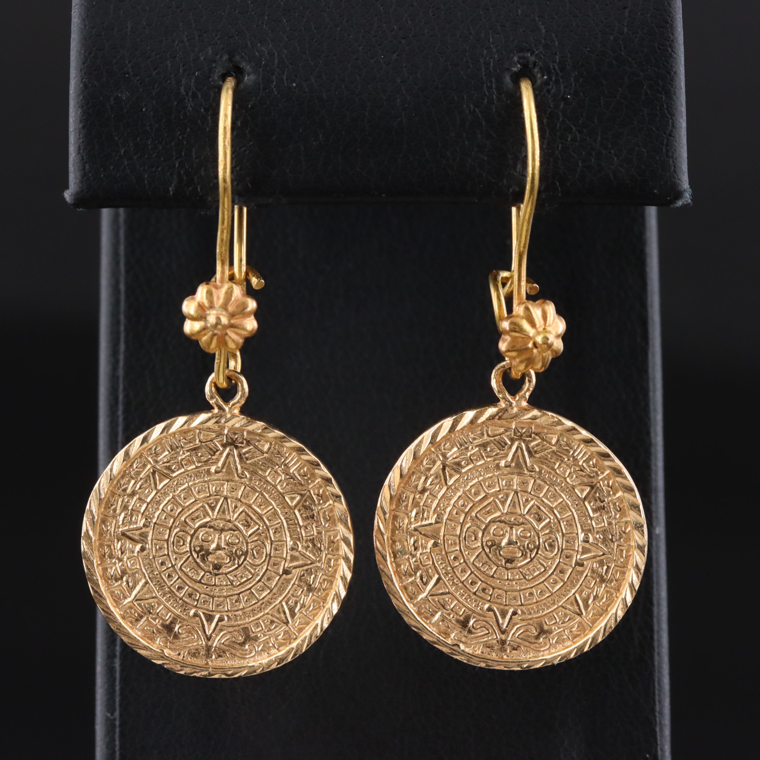 Mesoamerican 10K and 18K Aztec Calendar Earrings