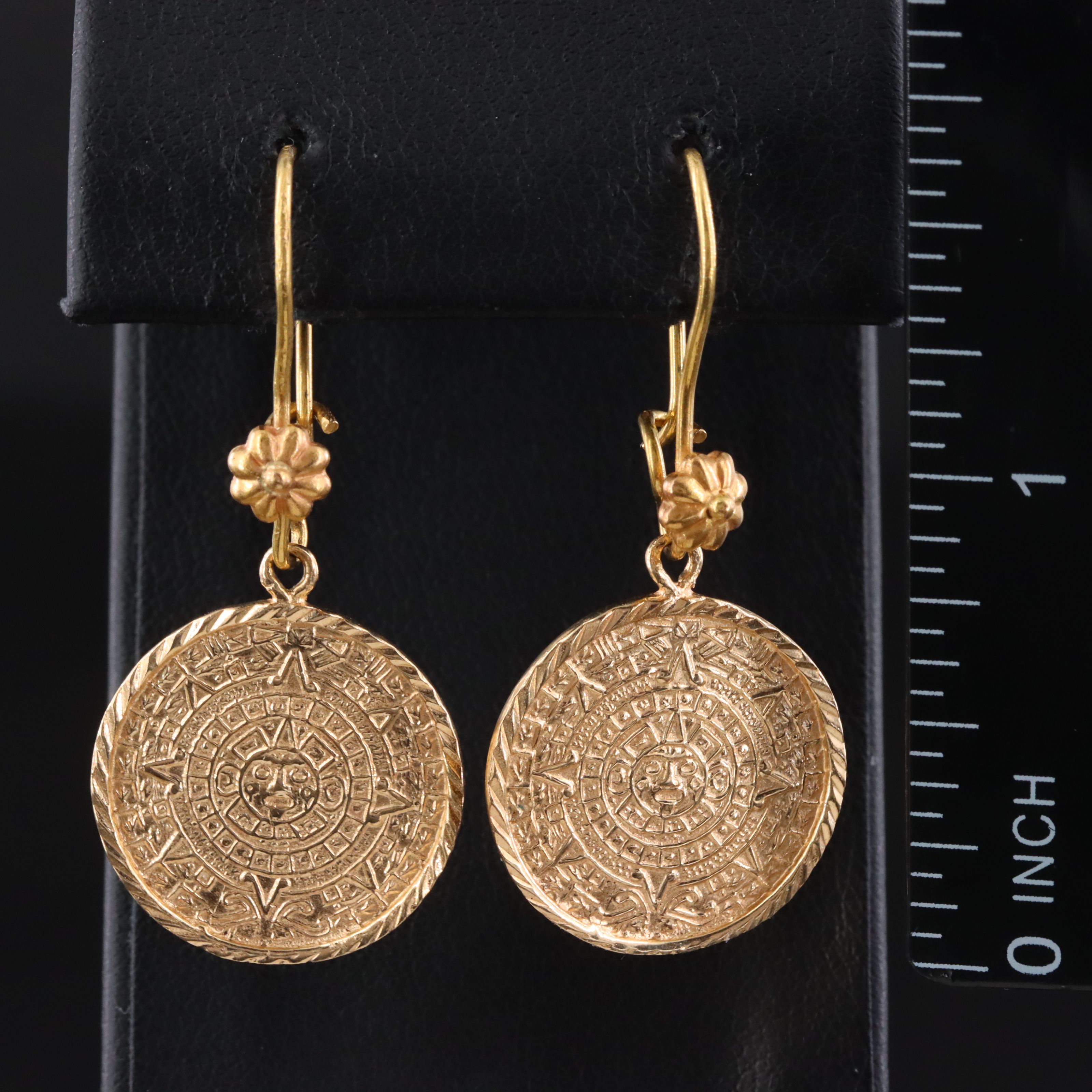 Mesoamerican 10K and 18K Aztec Calendar Earrings
