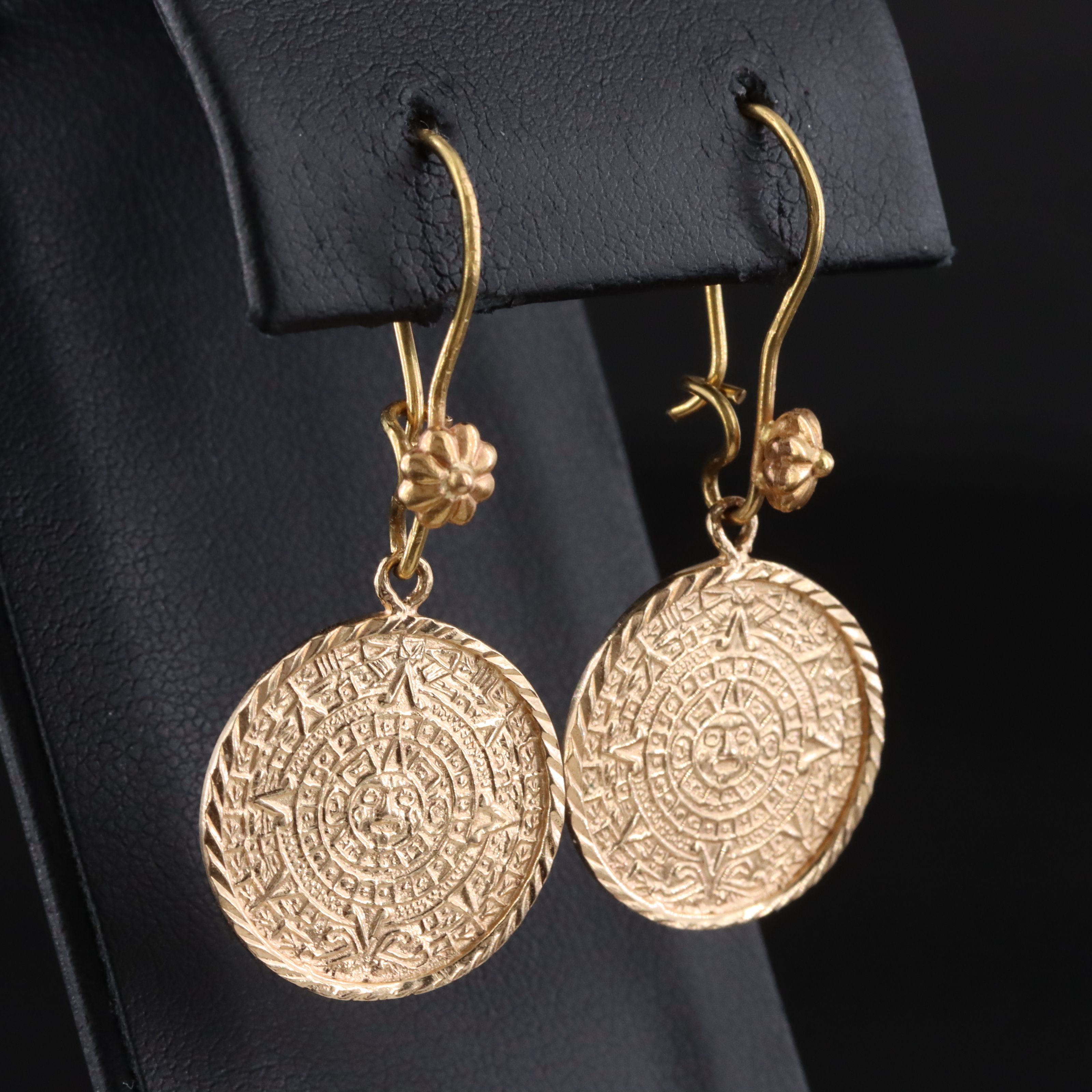 Mesoamerican 10K and 18K Aztec Calendar Earrings