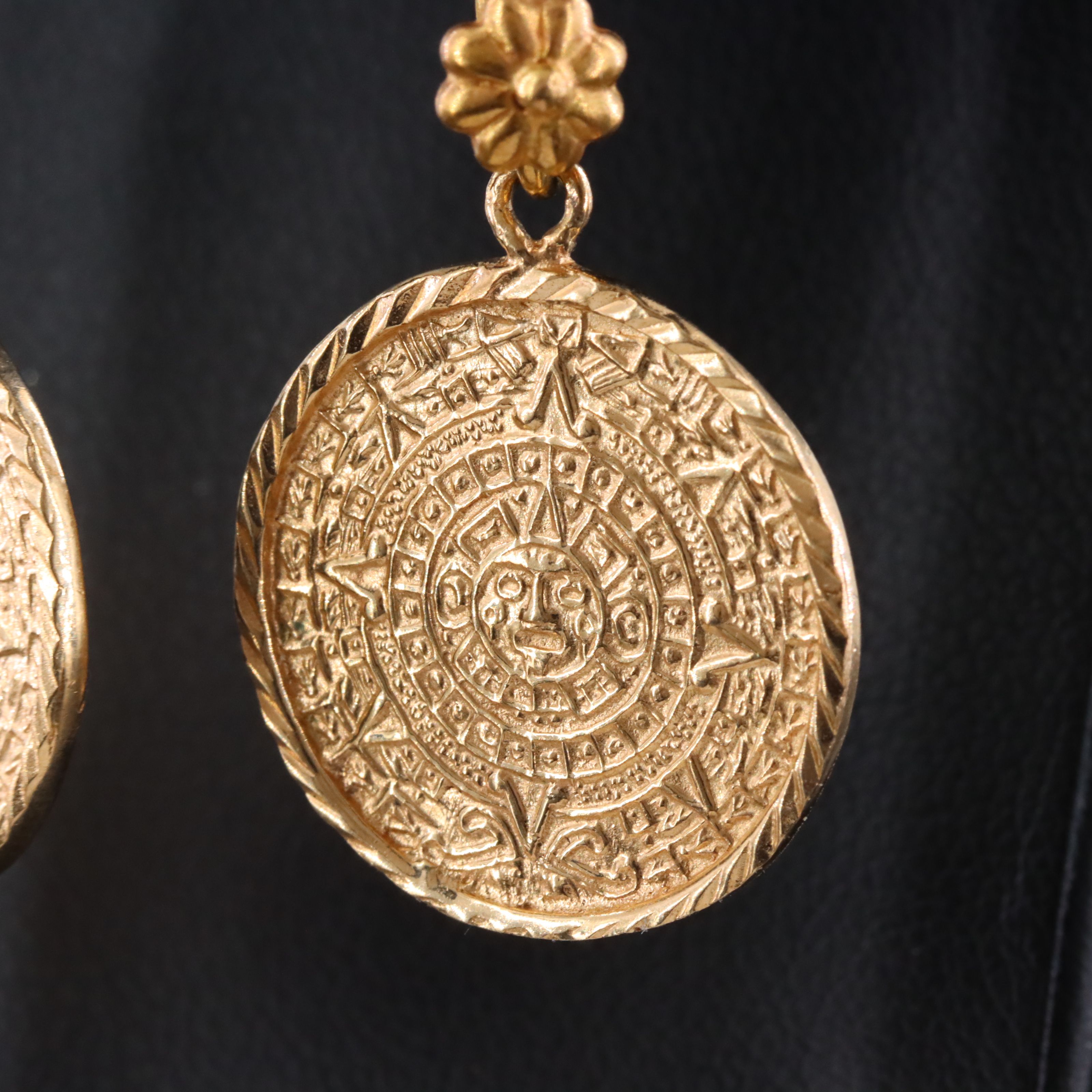 Mesoamerican 10K and 18K Aztec Calendar Earrings