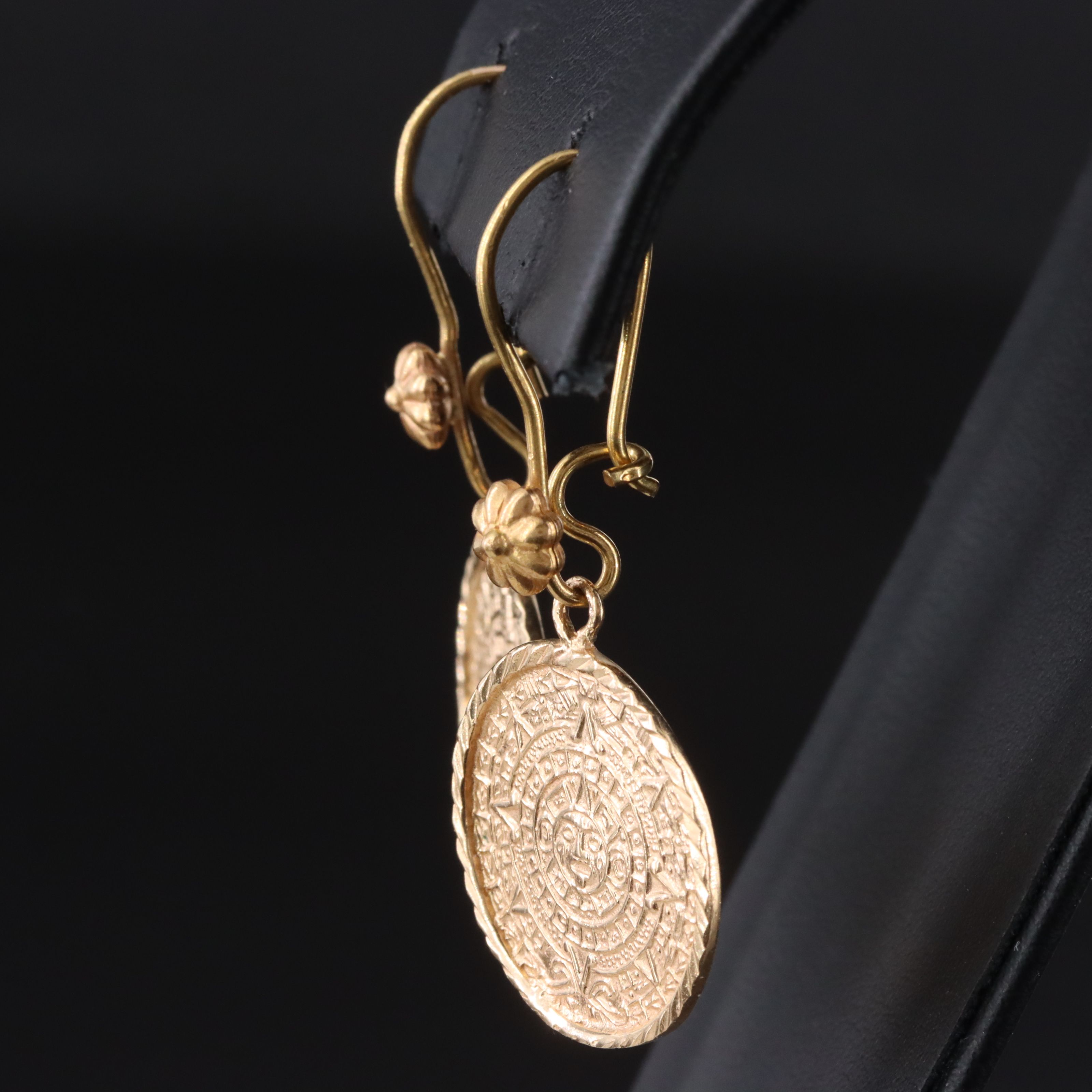 Mesoamerican 10K and 18K Aztec Calendar Earrings