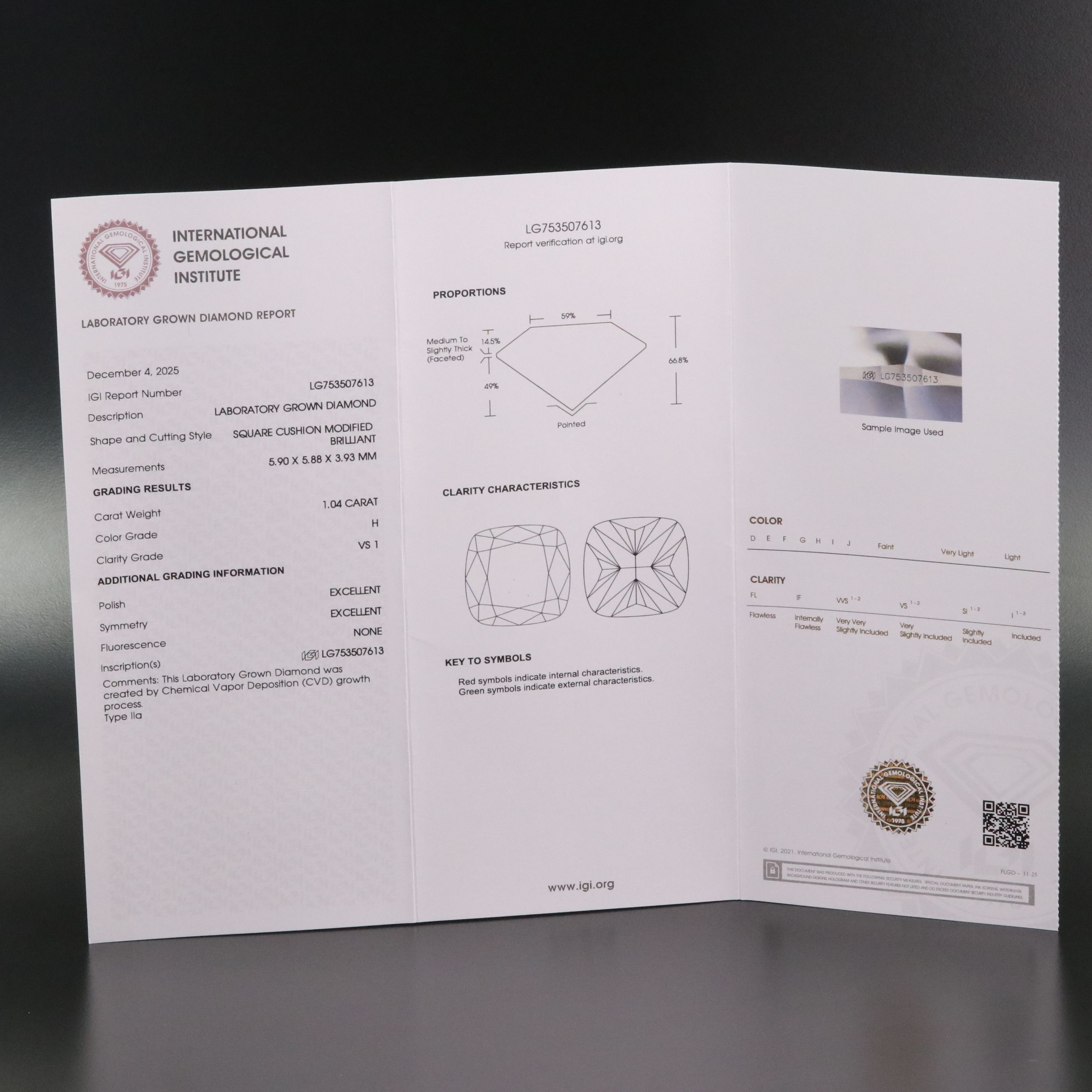Loose 1.04 CT Lab Grown Diamond with IGI Report
