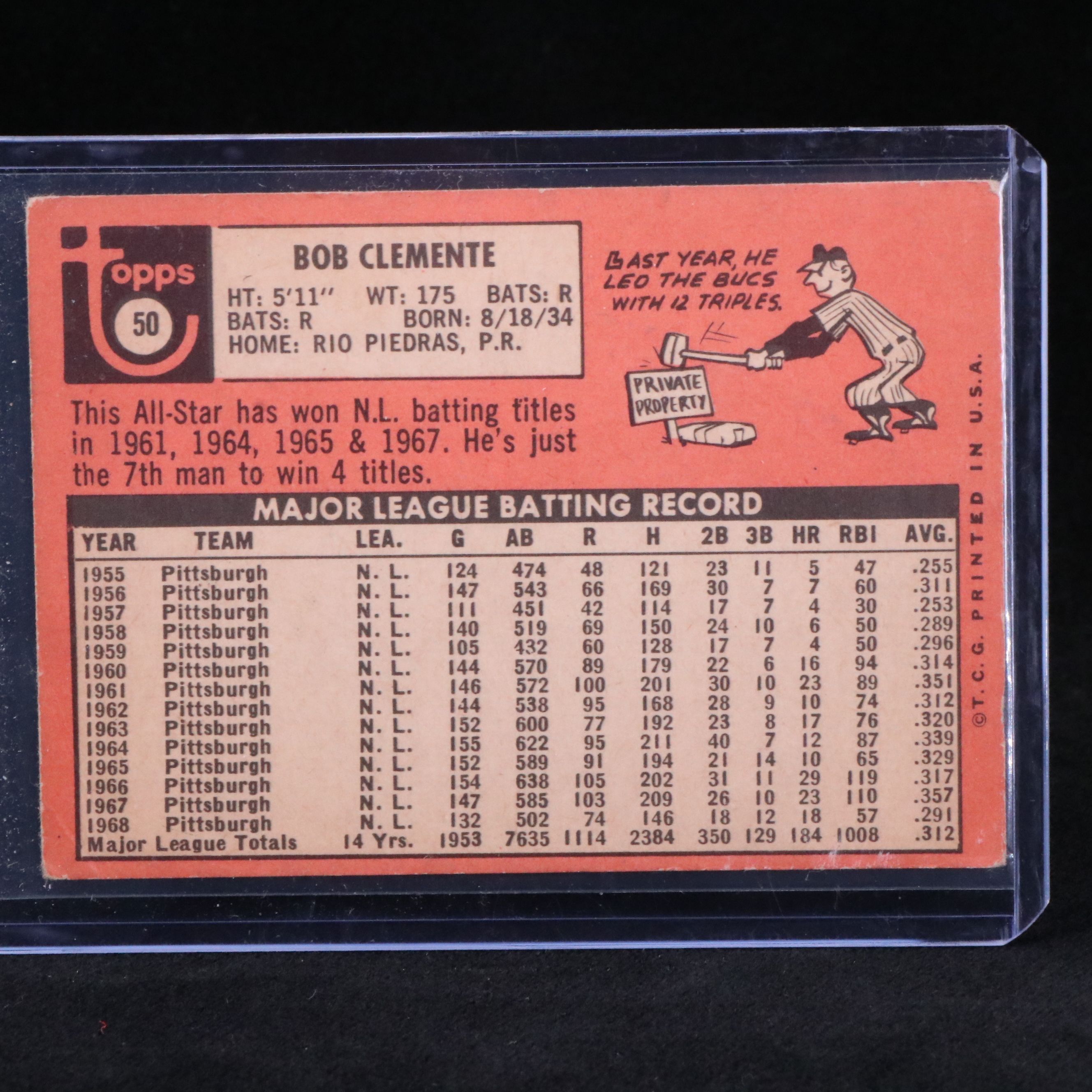 1969 Topps Roberto Clemente Pittsburgh Pirates Baseball Card