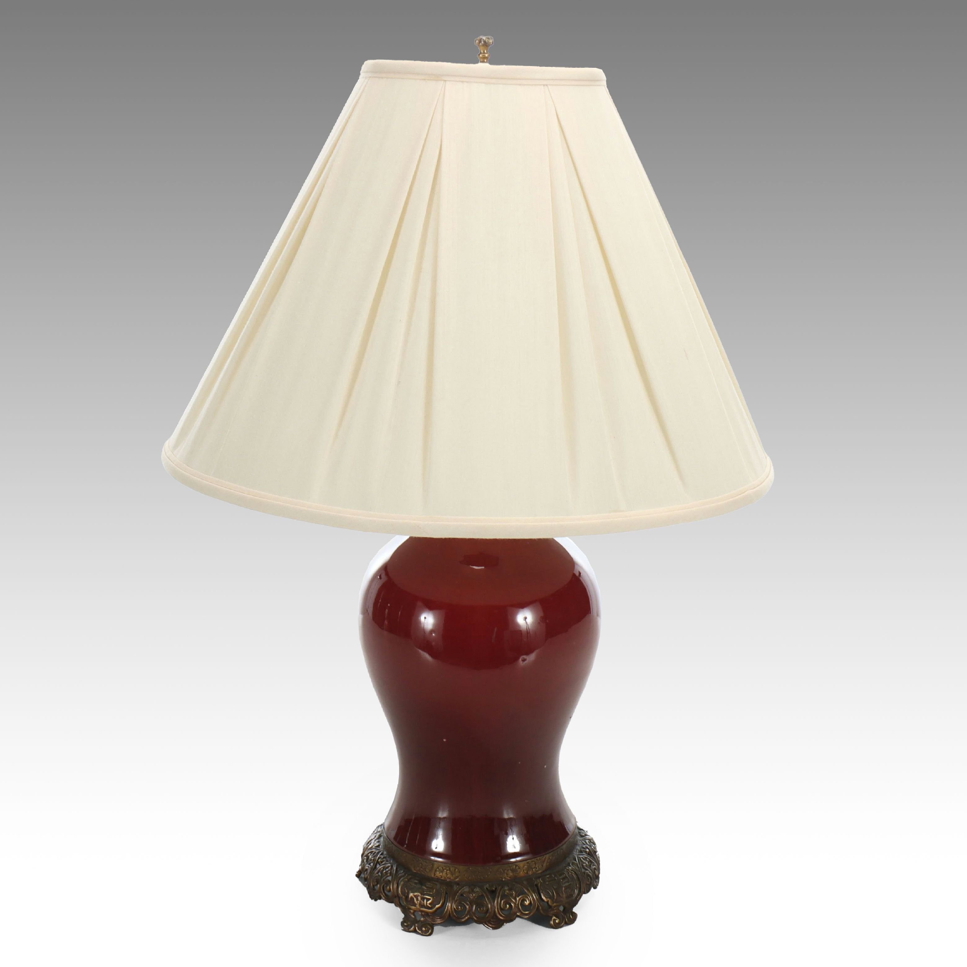 Chinese Sang de Boeuf Ceramic Table Lamp with Wide Pleat Shade