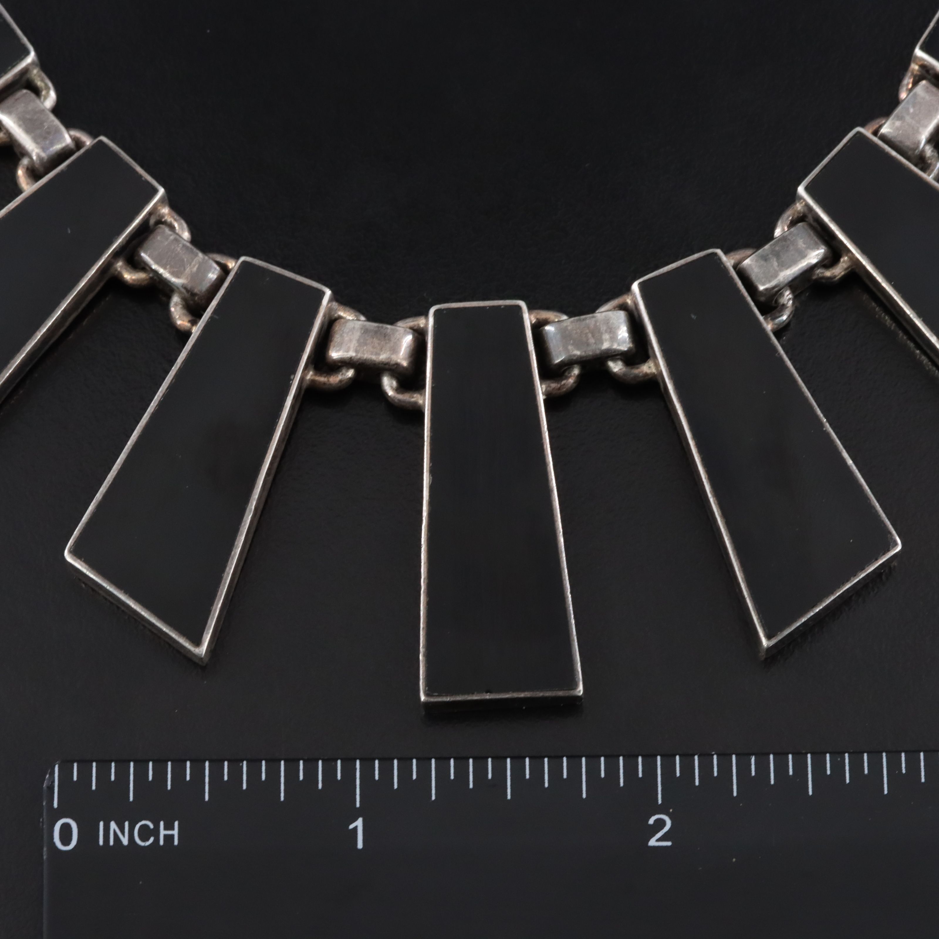 Mexican Modernist 950 Silver Obsidian Fringe Necklace