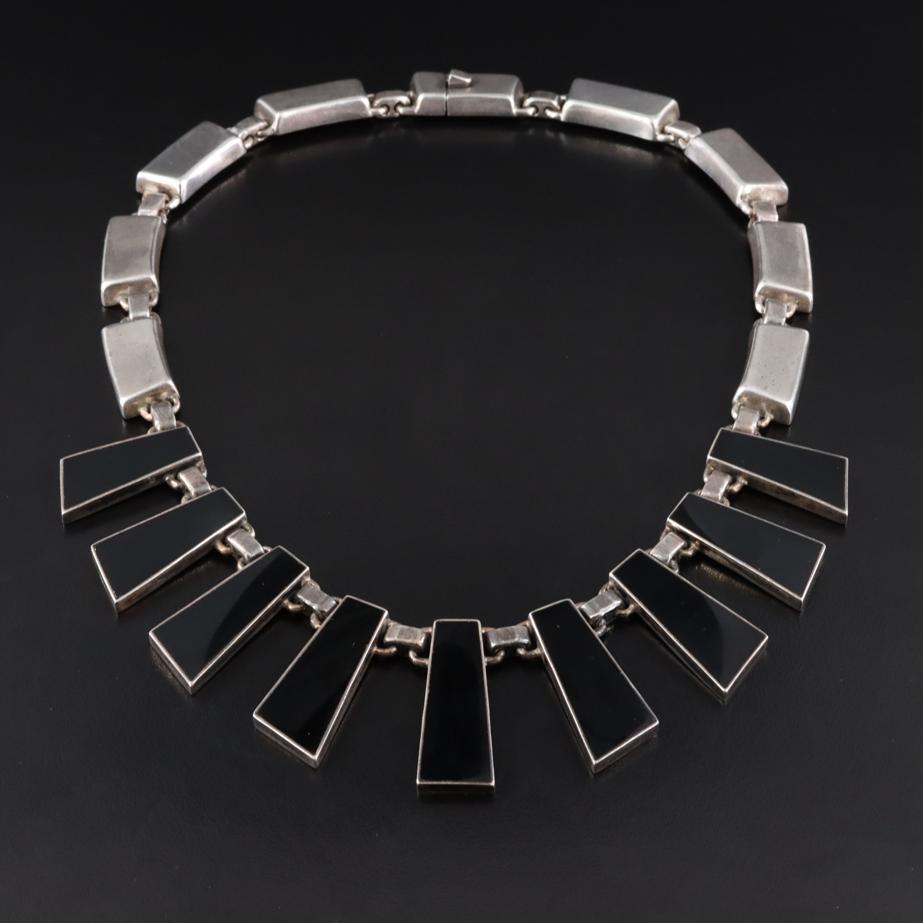 Mexican Modernist 950 Silver Obsidian Fringe Necklace