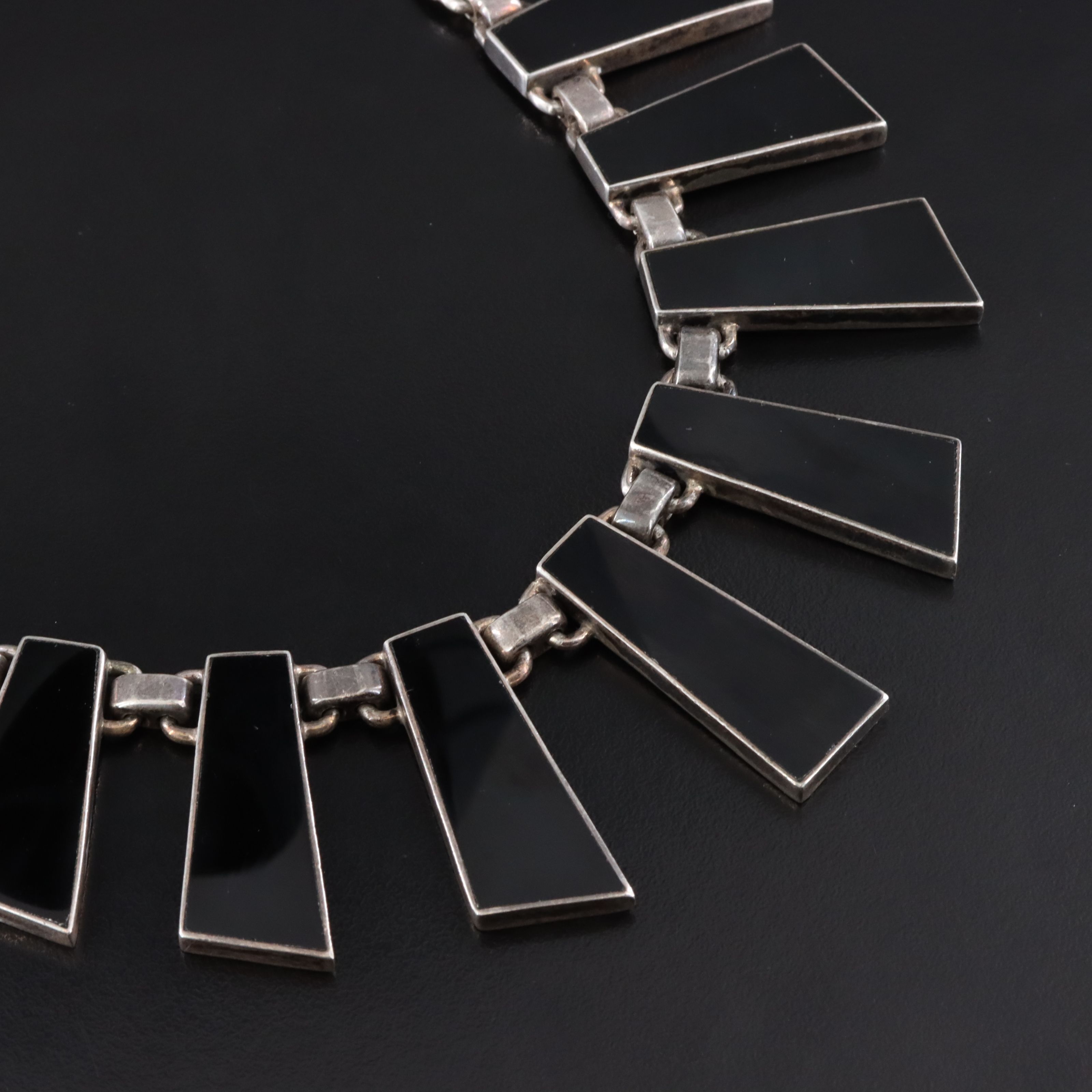 Mexican Modernist 950 Silver Obsidian Fringe Necklace