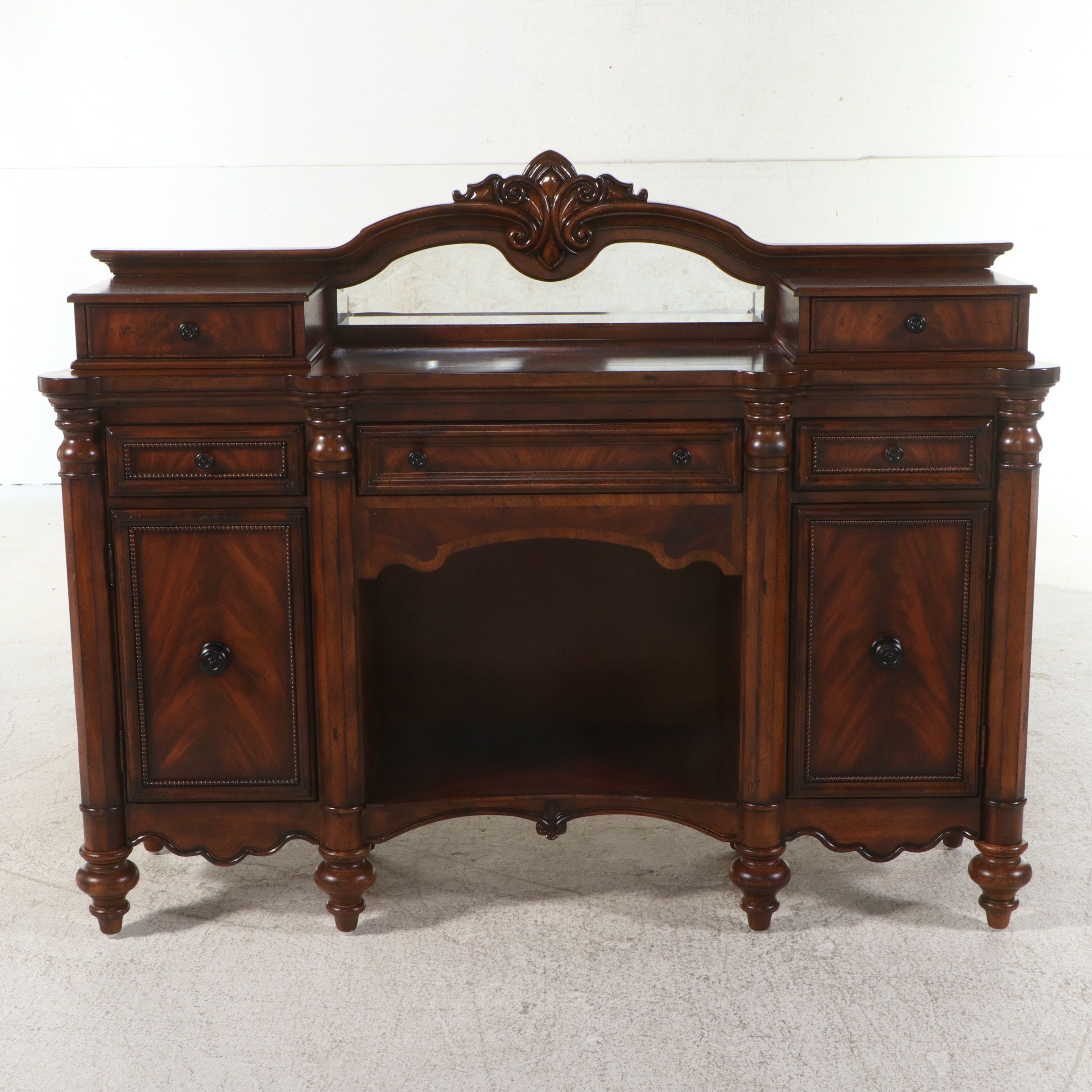 Contemporary Empire Style Mahogany Finish Buffet with Inset Mirror