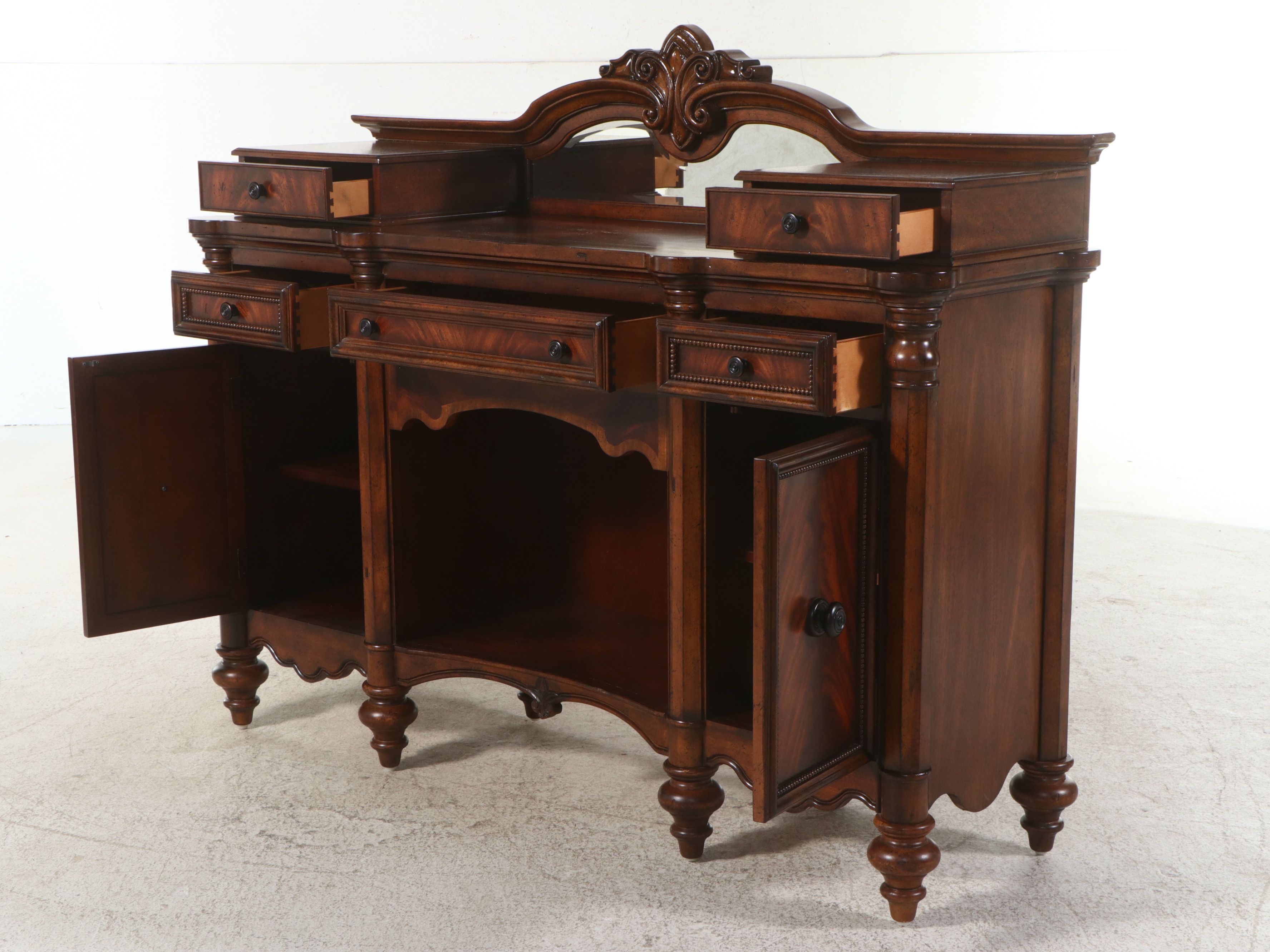 Contemporary Empire Style Mahogany Finish Buffet with Inset Mirror