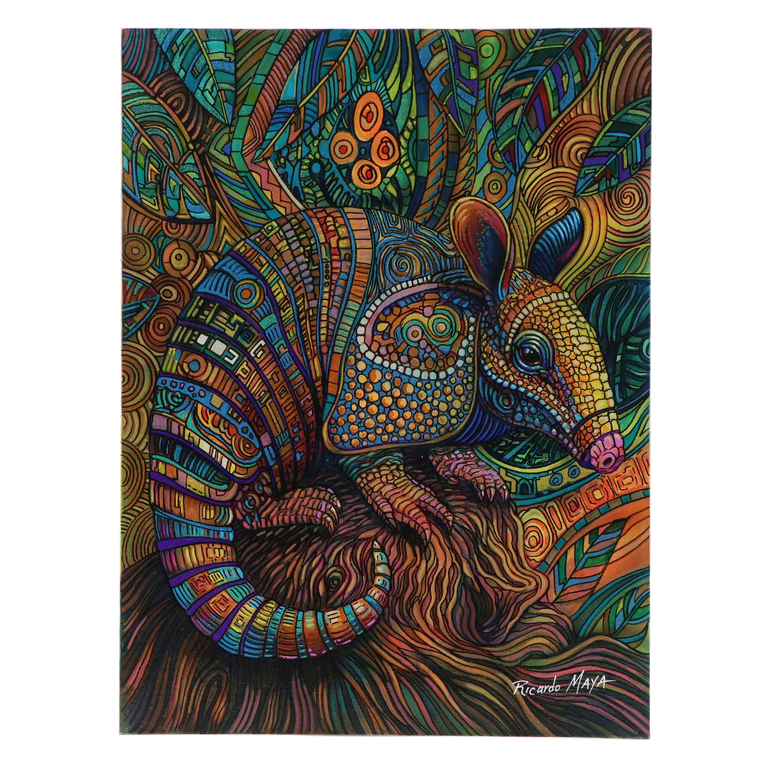Ricardo Maya Stylized Acrylic Painting of Armadillo, 21st Century