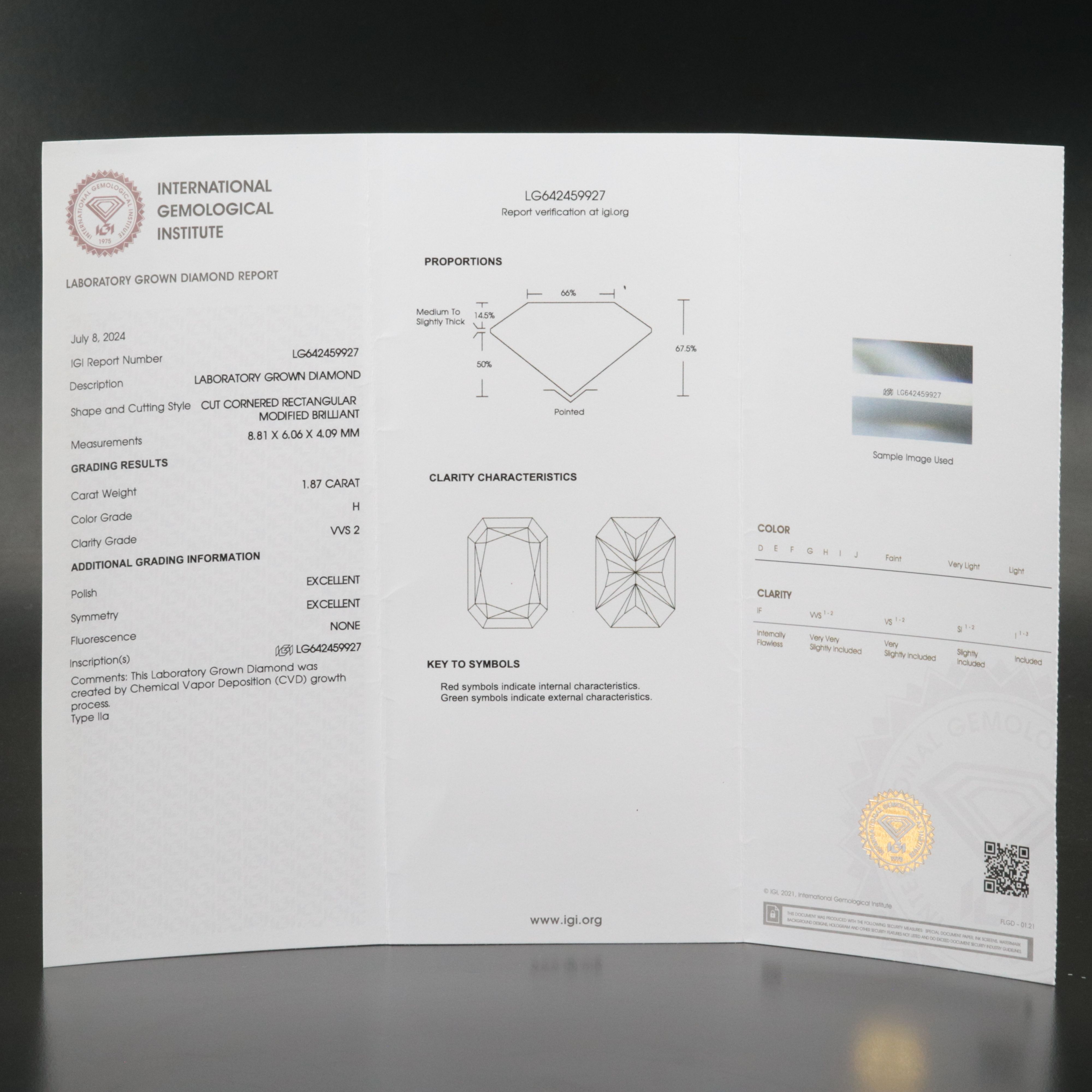 Loose 1.87 CT Lab Grown Diamond with IGI Report