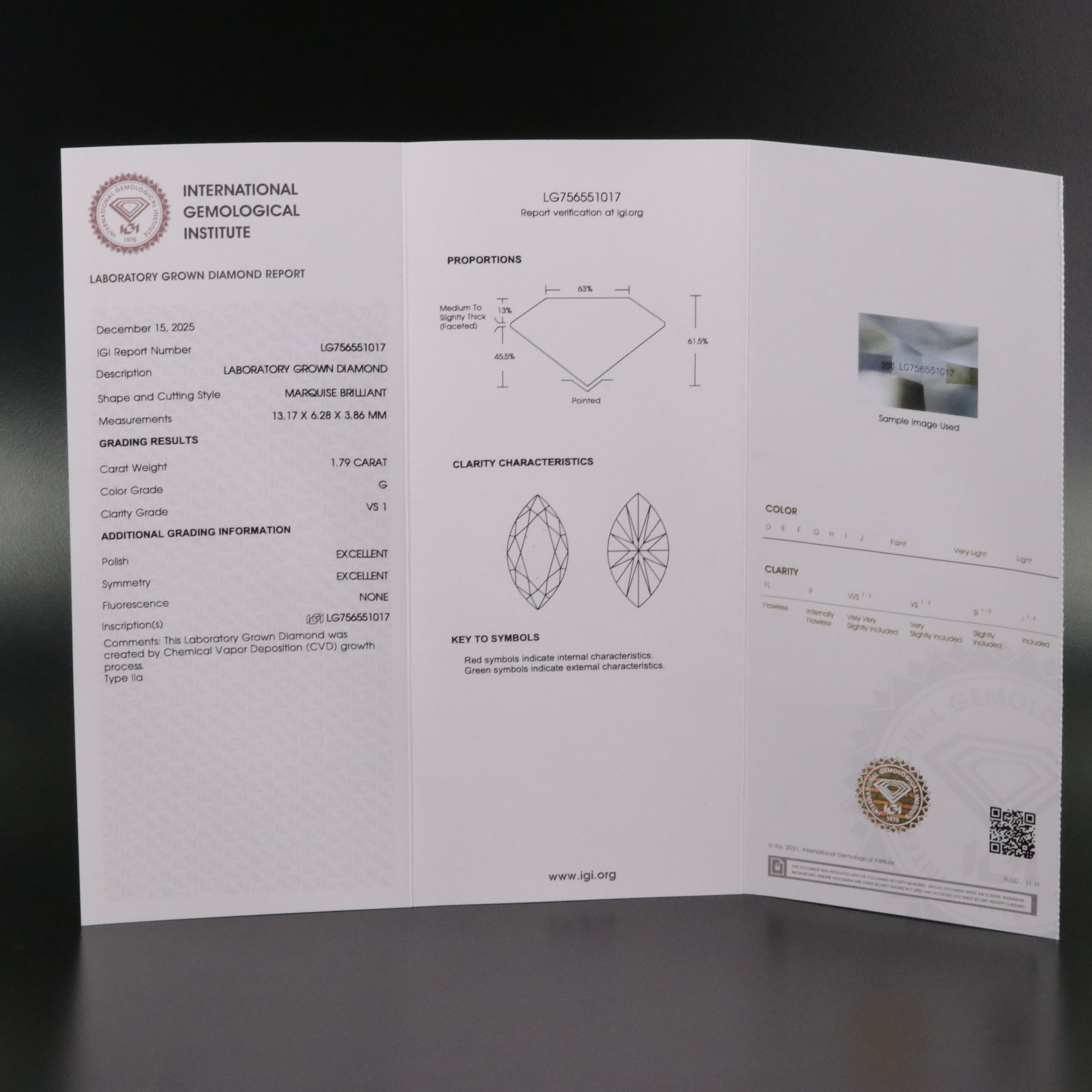 Loose 1.79 CT Lab Grown Diamond with IGI Report