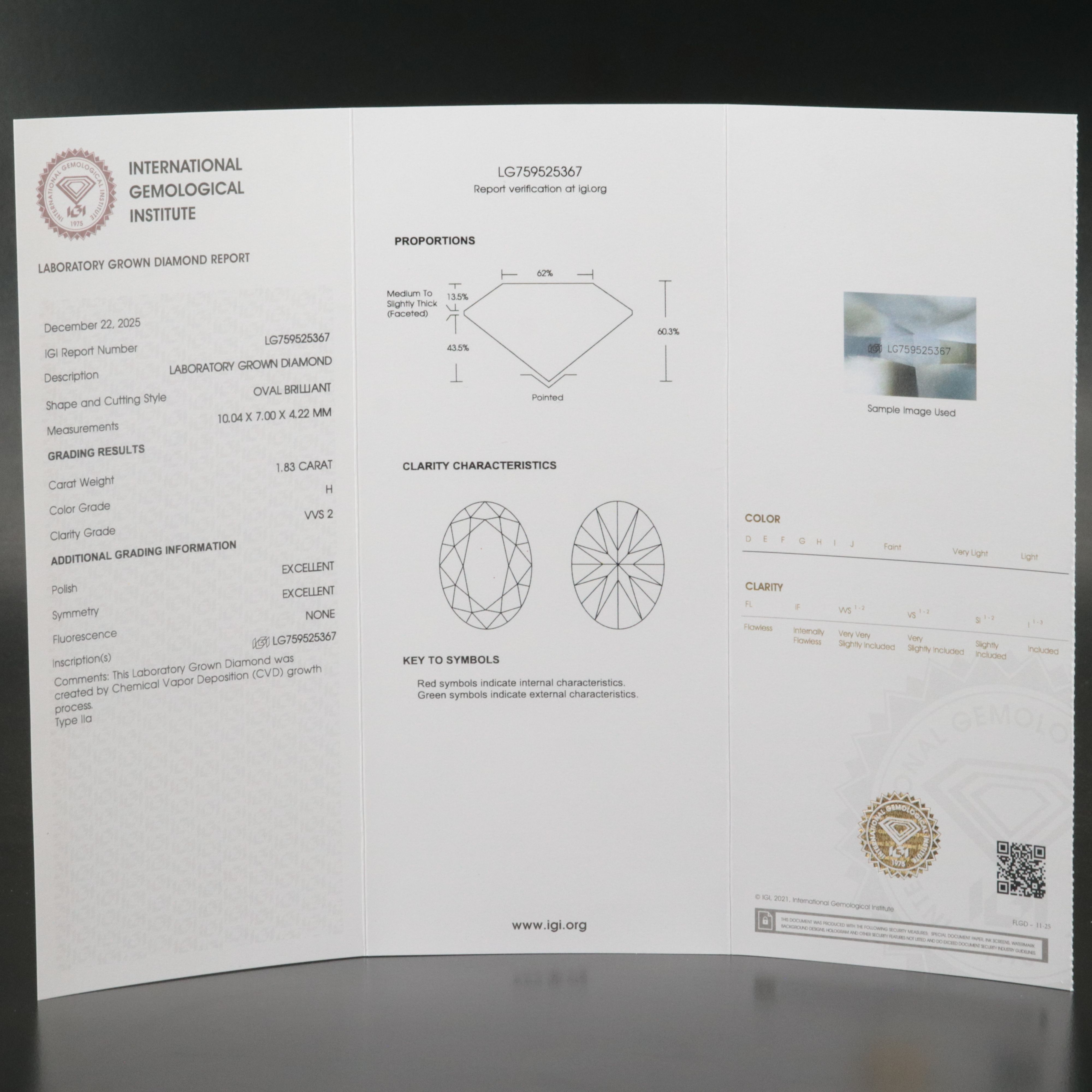 Loose 1.83 CT Lab Grown Diamond with IGI Report