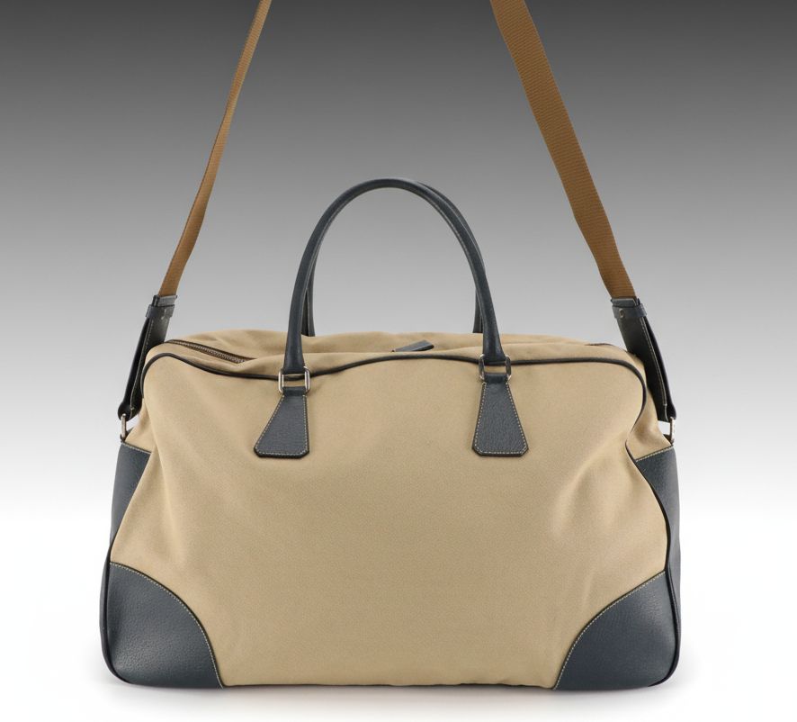 Prada Zip-Around Travel Bag in Beige Canvas and Marine Blue Cinghiale Leather