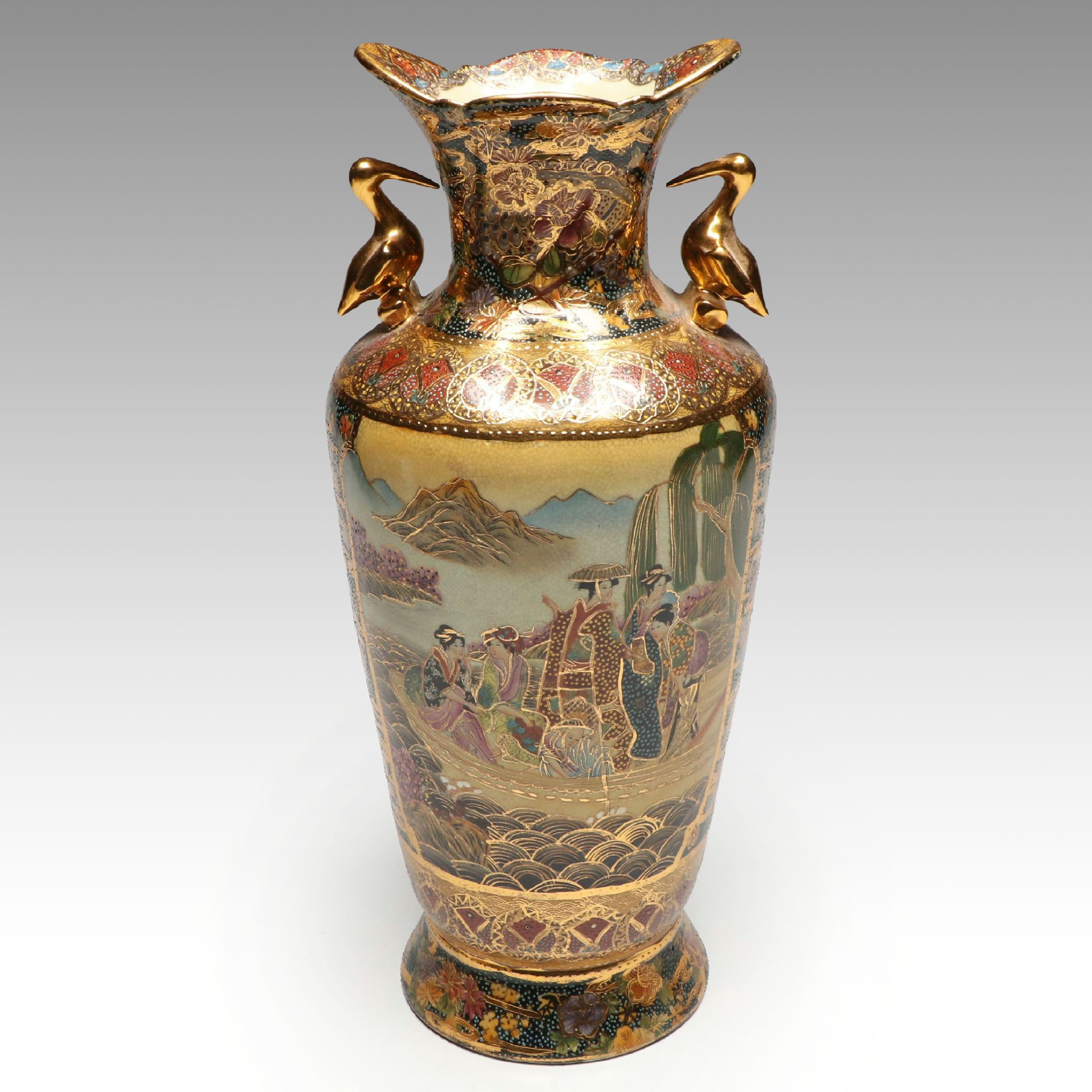 Japanese Women in Boat Satsuma Moriage Porcelain Vase