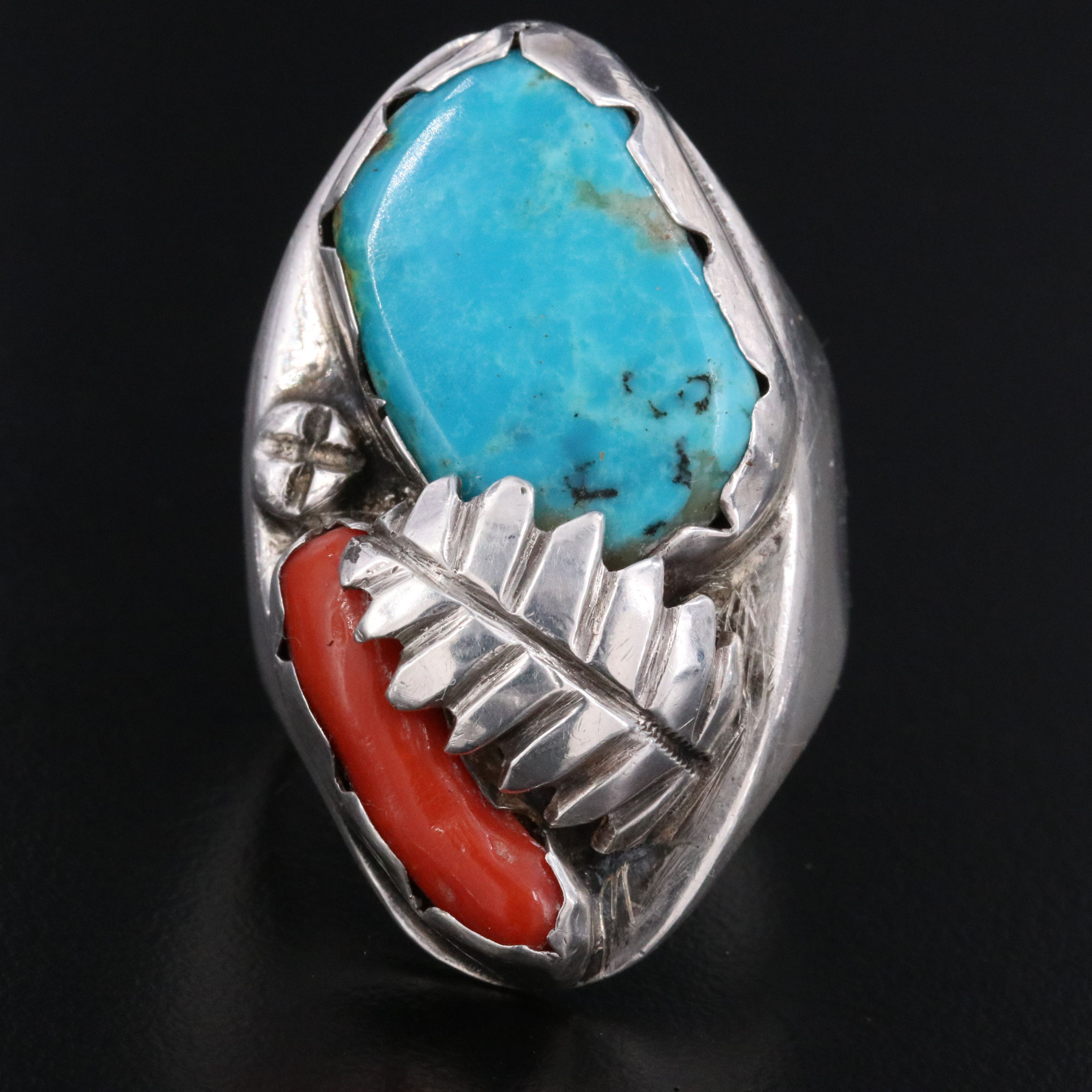 Southwestern Sterling Turquoise and Coral Saddle Ring