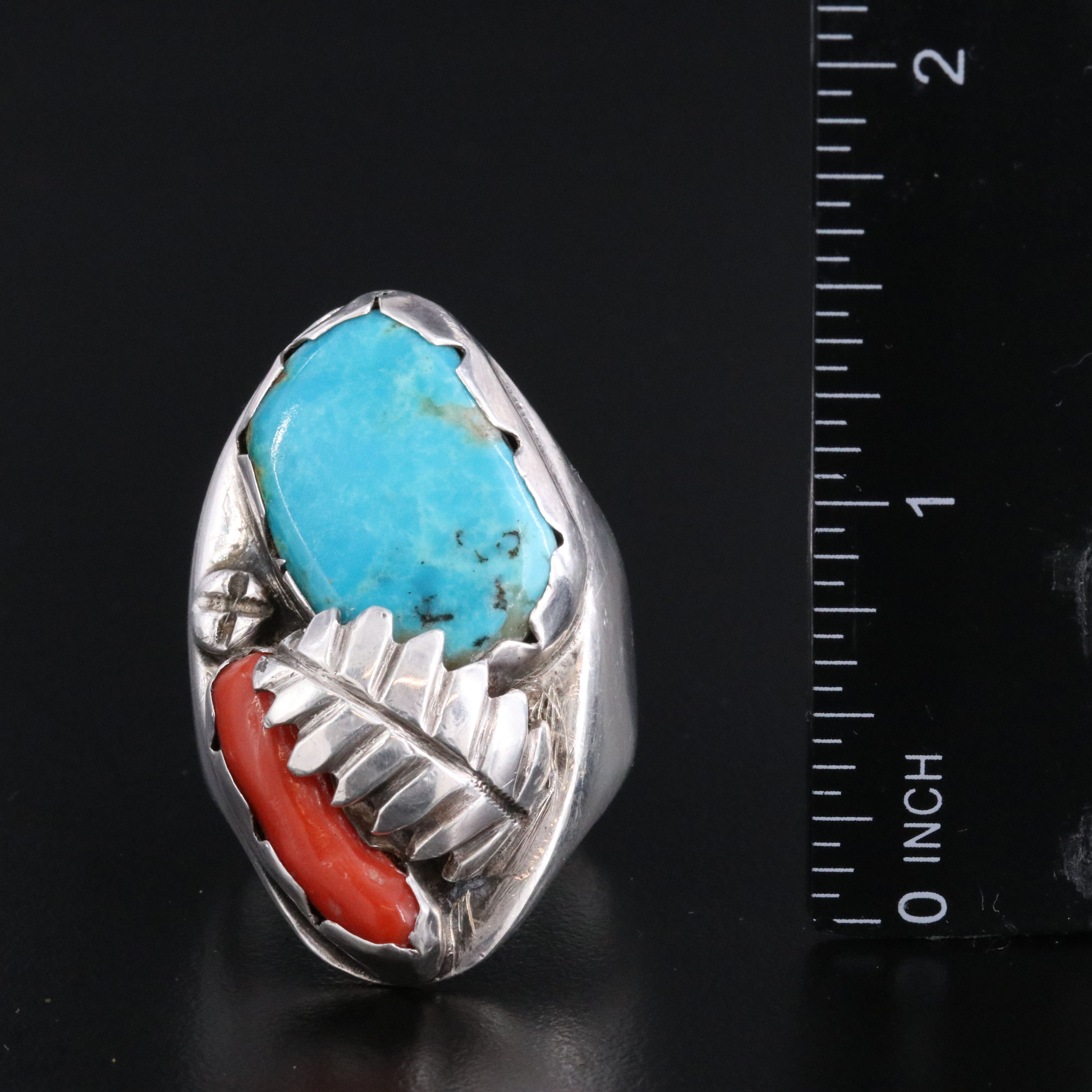 Southwestern Sterling Turquoise and Coral Saddle Ring