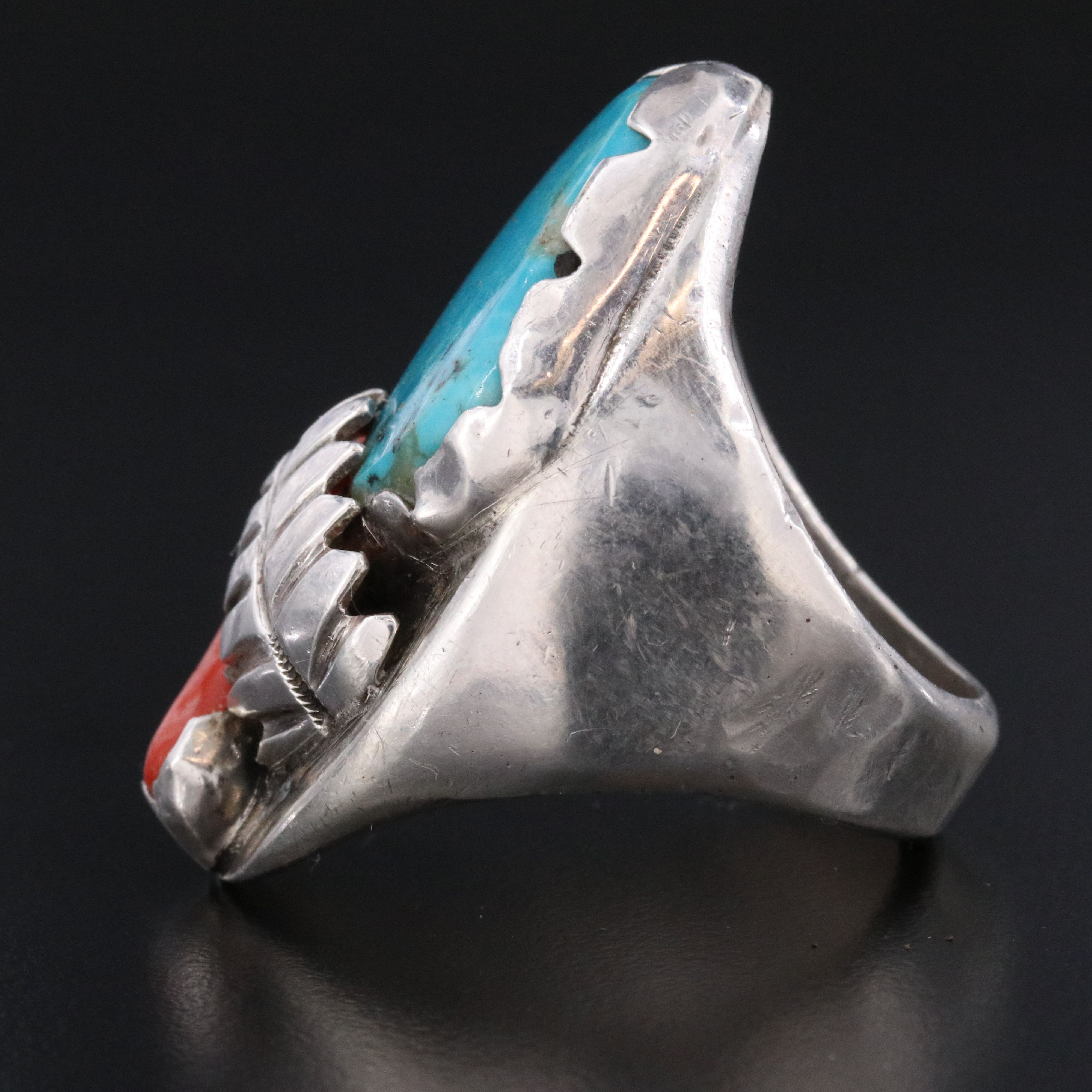 Southwestern Sterling Turquoise and Coral Saddle Ring