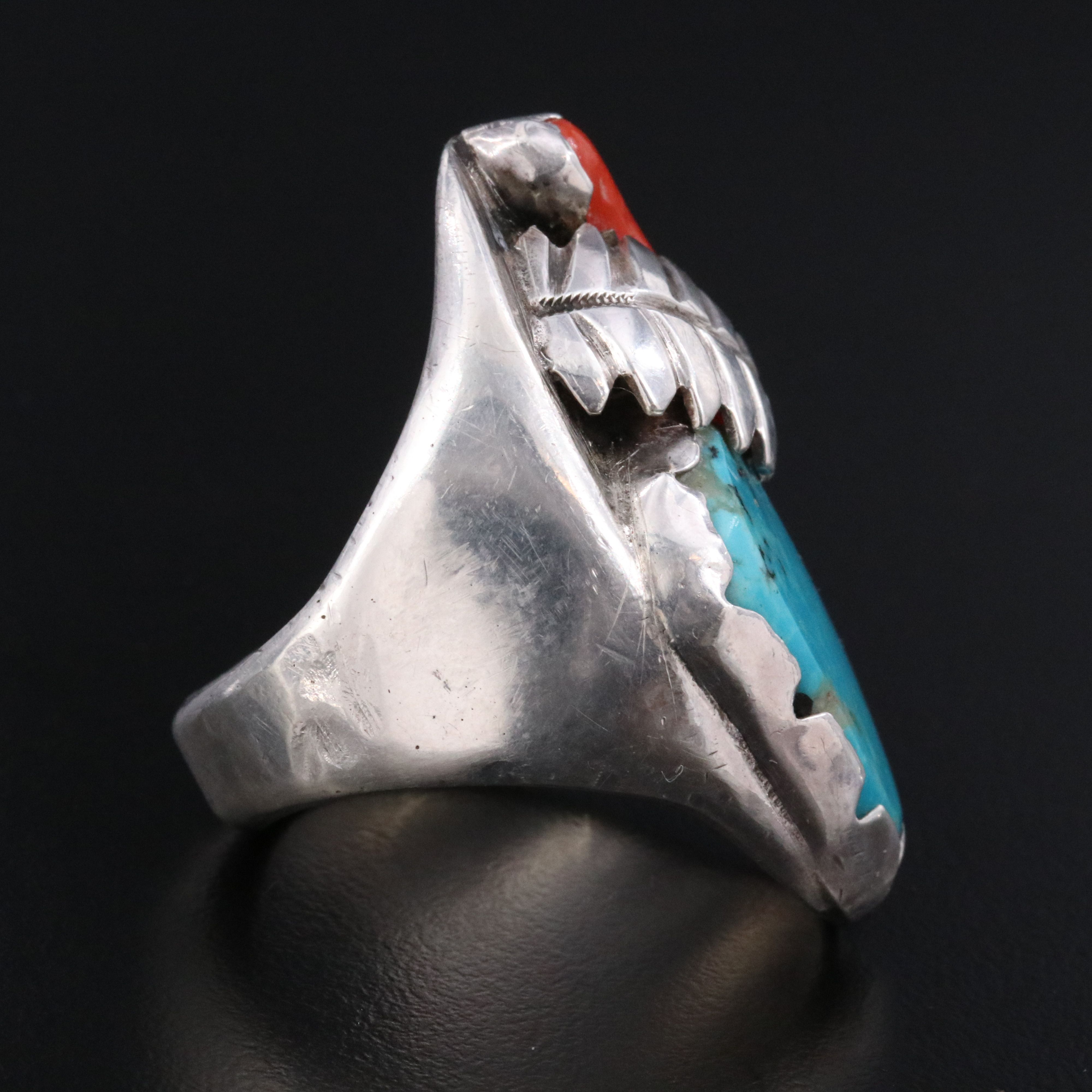 Southwestern Sterling Turquoise and Coral Saddle Ring