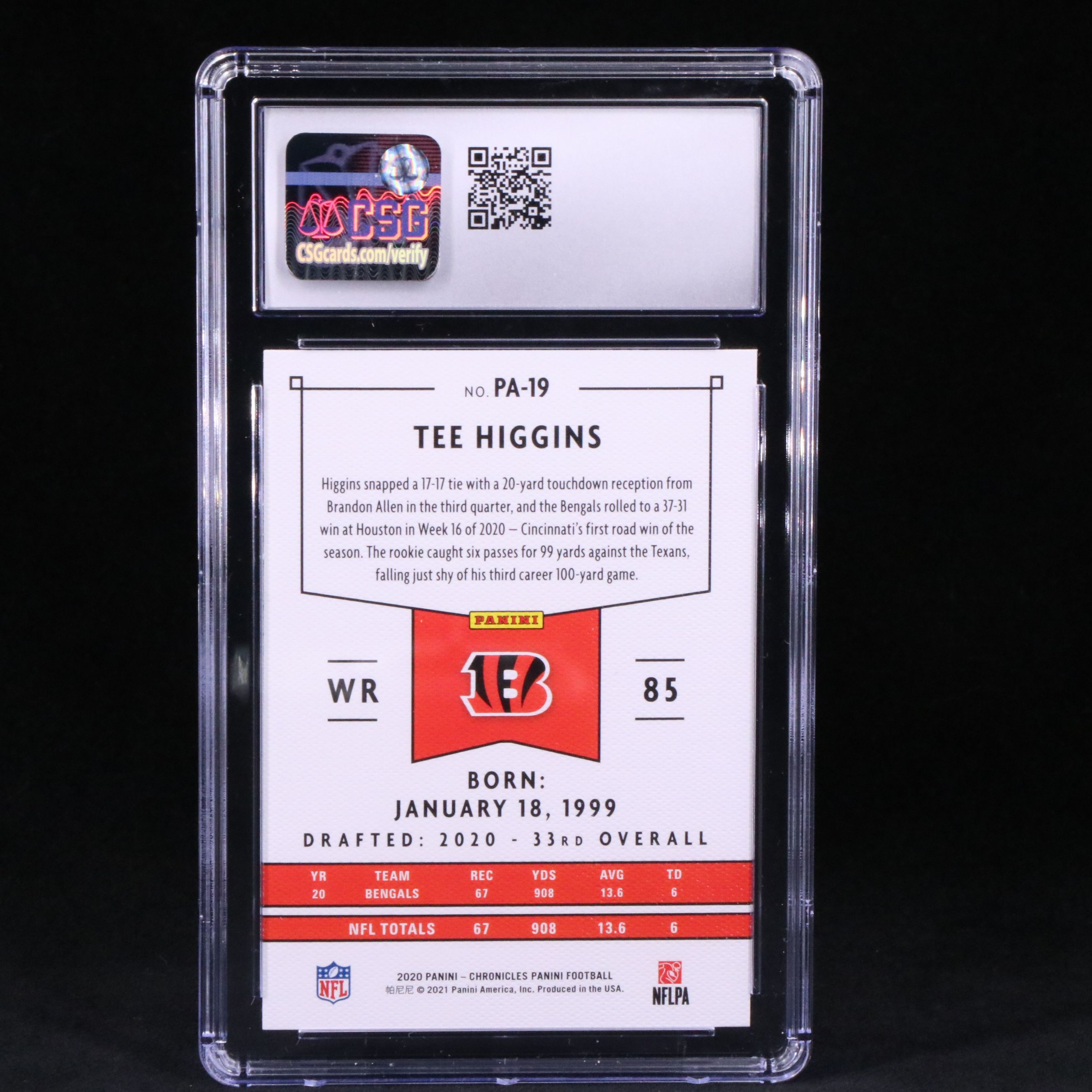 2020 Chronicles Tee Higgins Panini Green Rookie Football Card Graded CSG 10