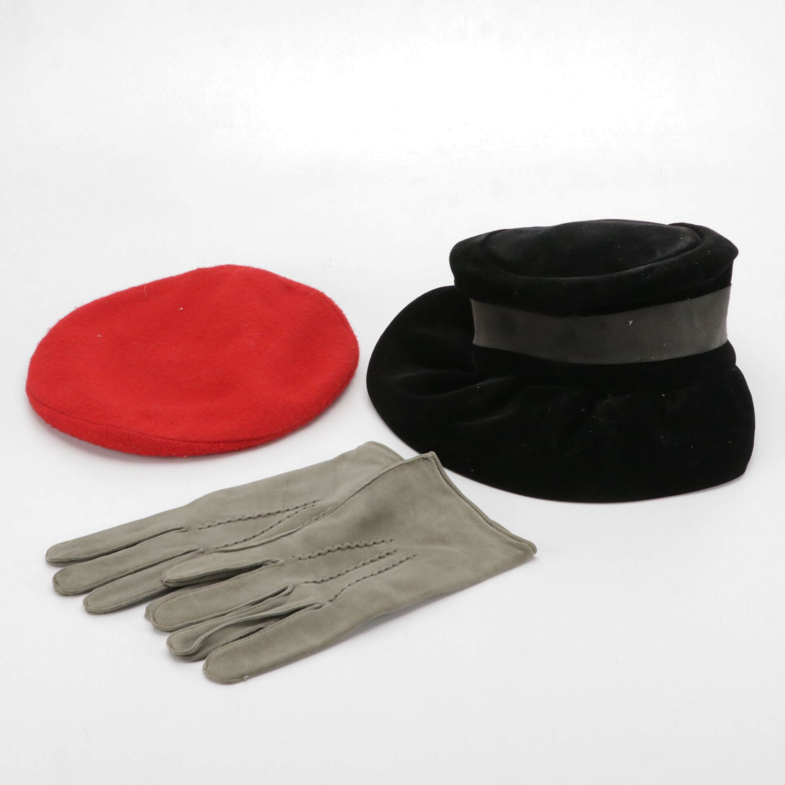 BSA Red Wool Beret, Moroccan Leather Gloves, and Floppy Velvet Bucket Hat