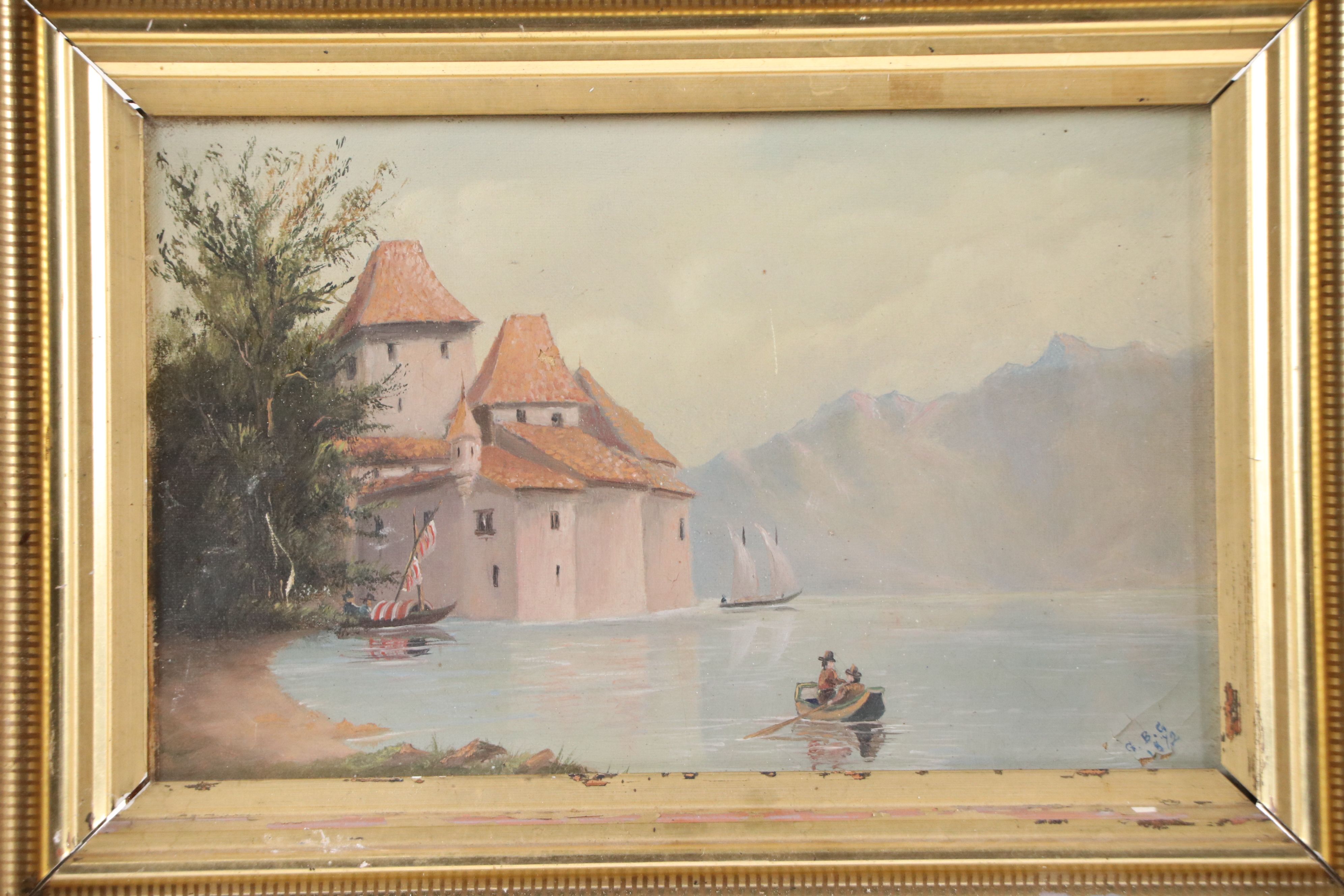 Oil Painting of Castle on Lake, 1872