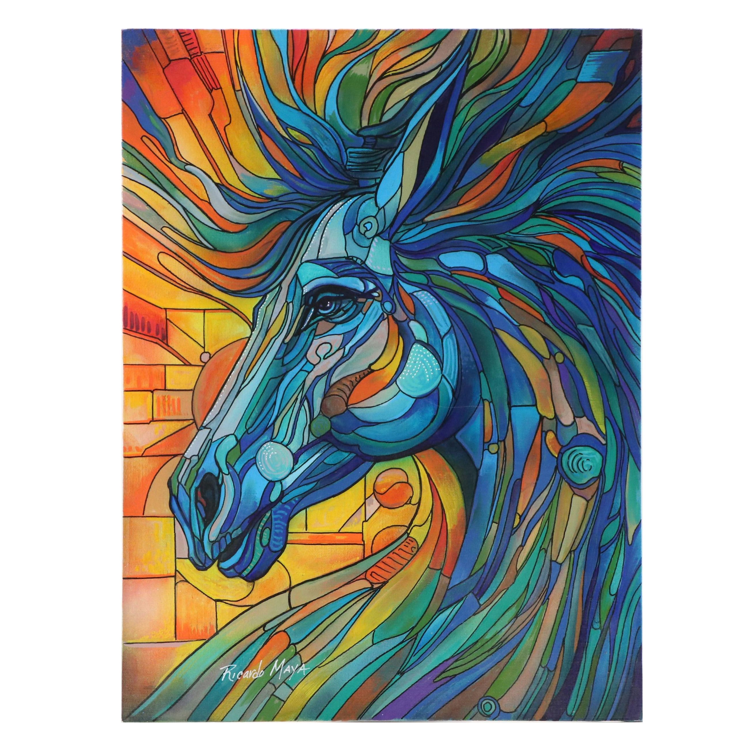 Ricardo Maya Stylized Acrylic Painting of Horse, 21st Century