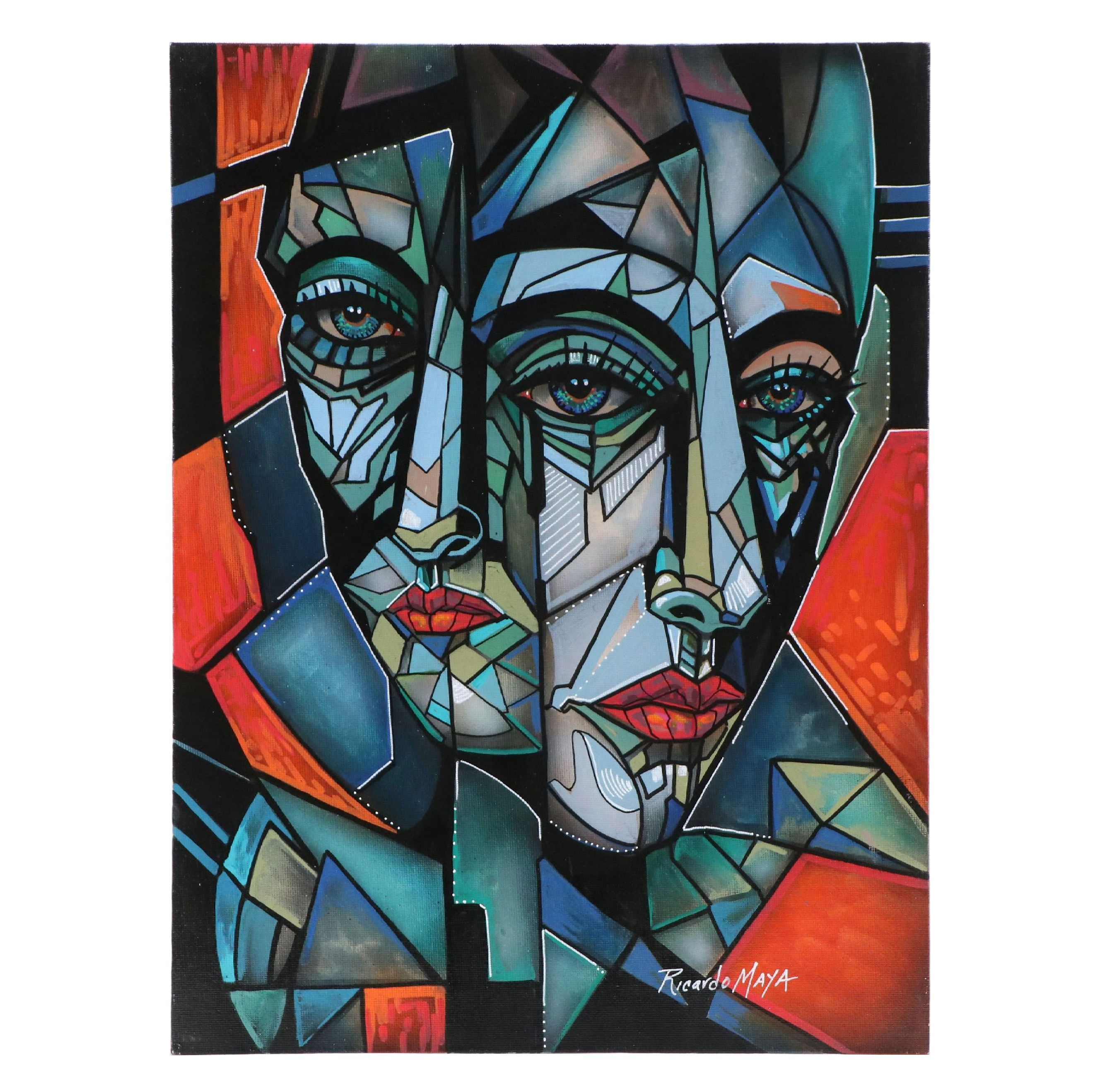 Ricardo Maya Stylized Acrylic Painting of Cubist Portrait, 21st Century