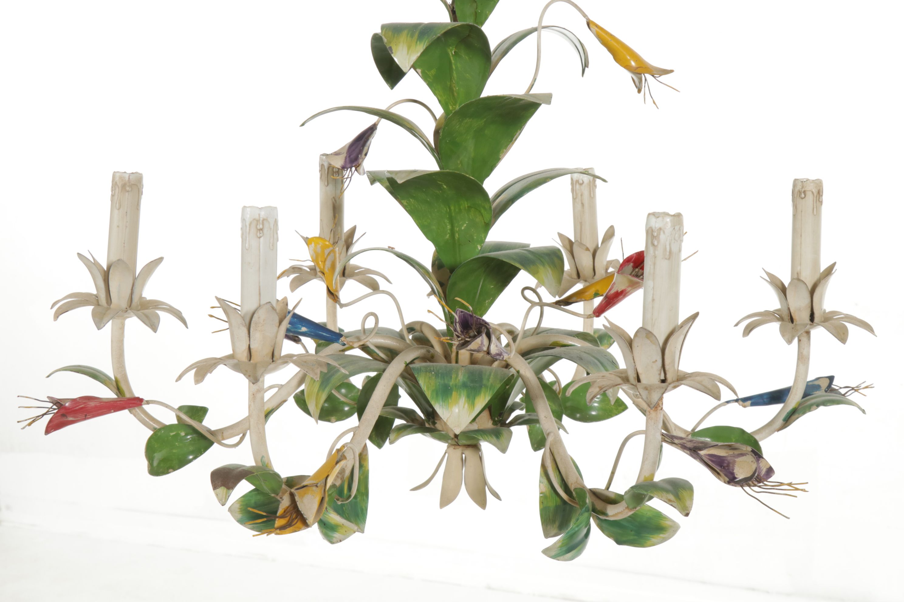 Italian Tole Floral Hand-Painted Metal Chandelier,  Mid-20th Century