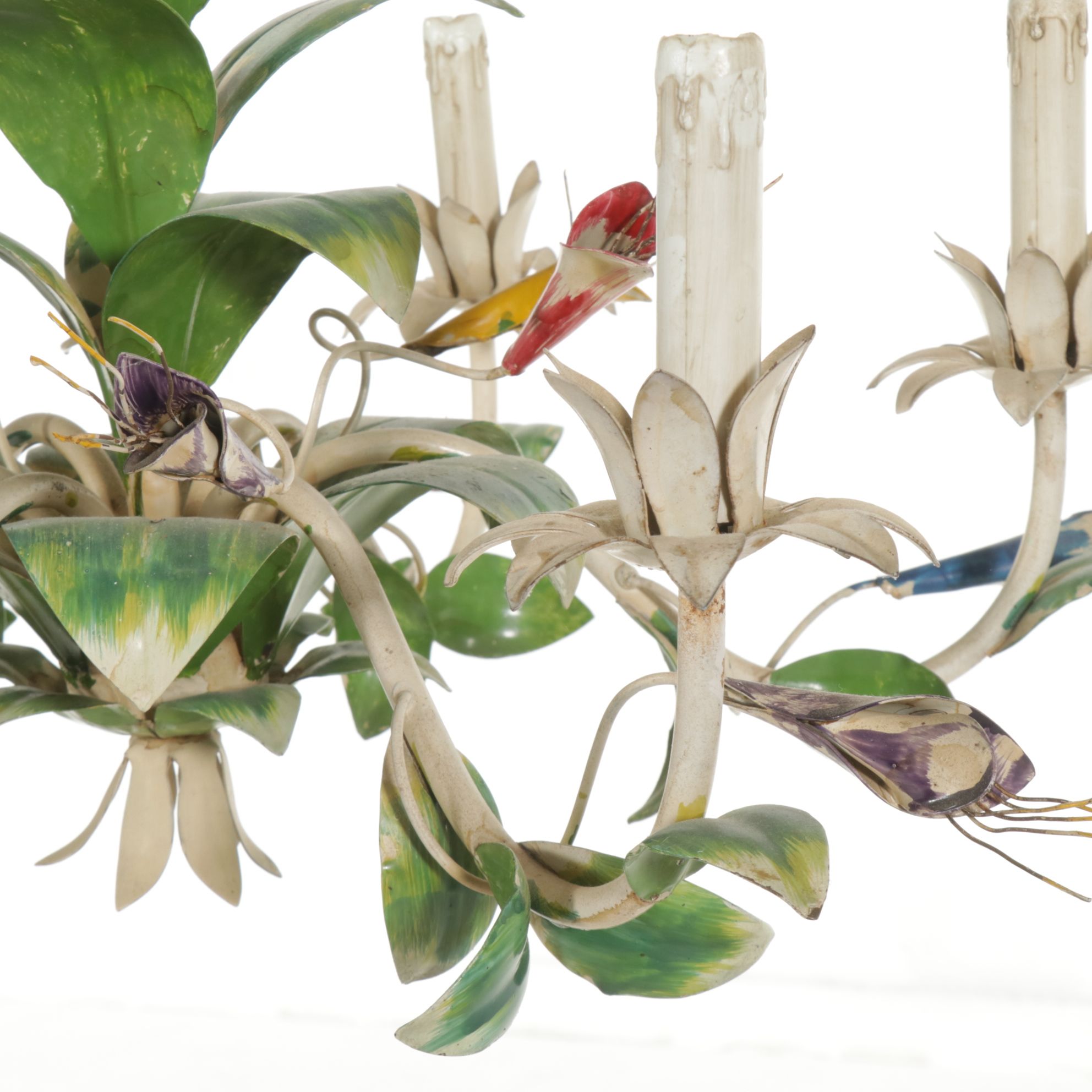 Italian Tole Floral Hand-Painted Metal Chandelier,  Mid-20th Century