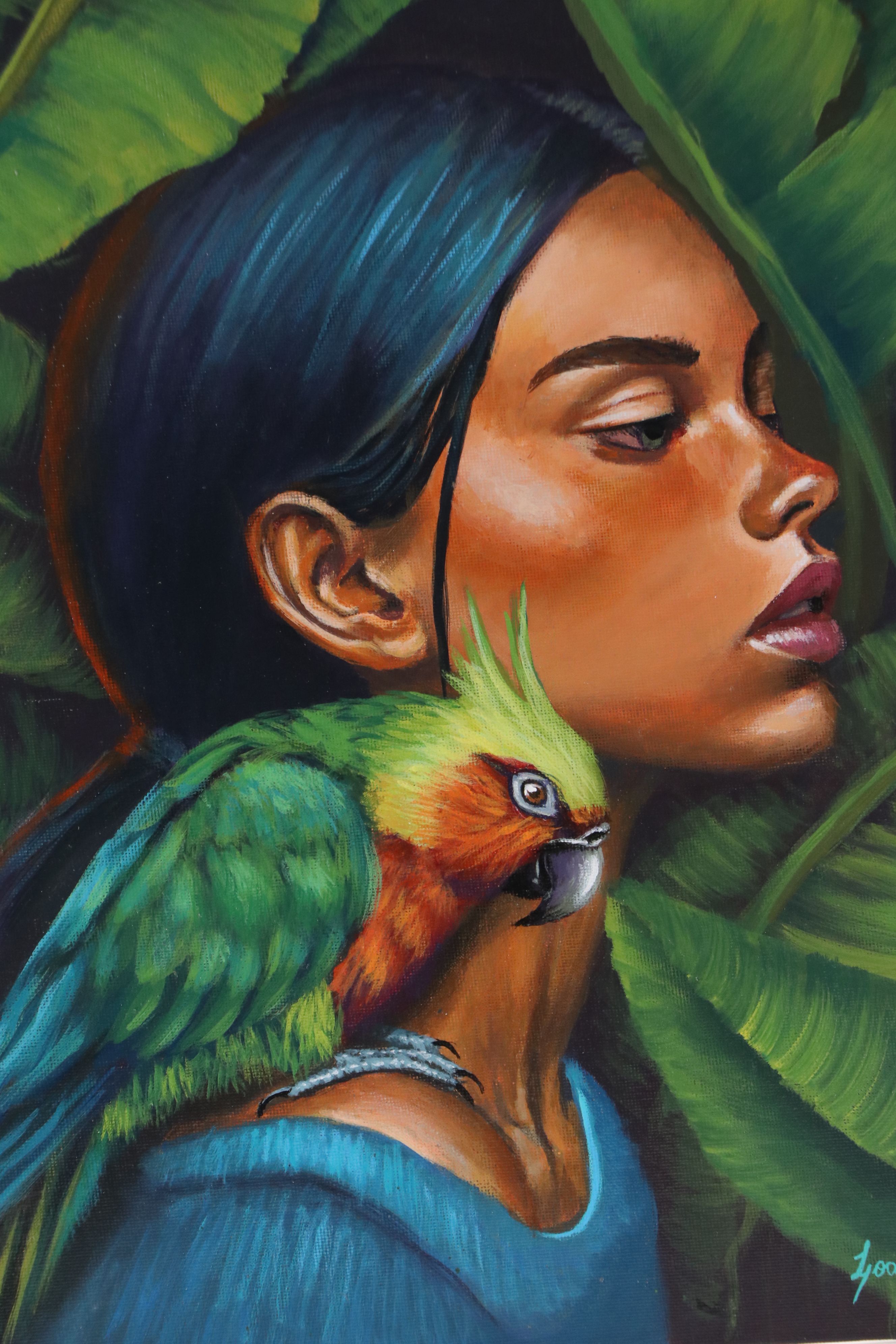 Loana L. Acrylic Painting of Girl with Blue and Gold Macaw, 21st Century