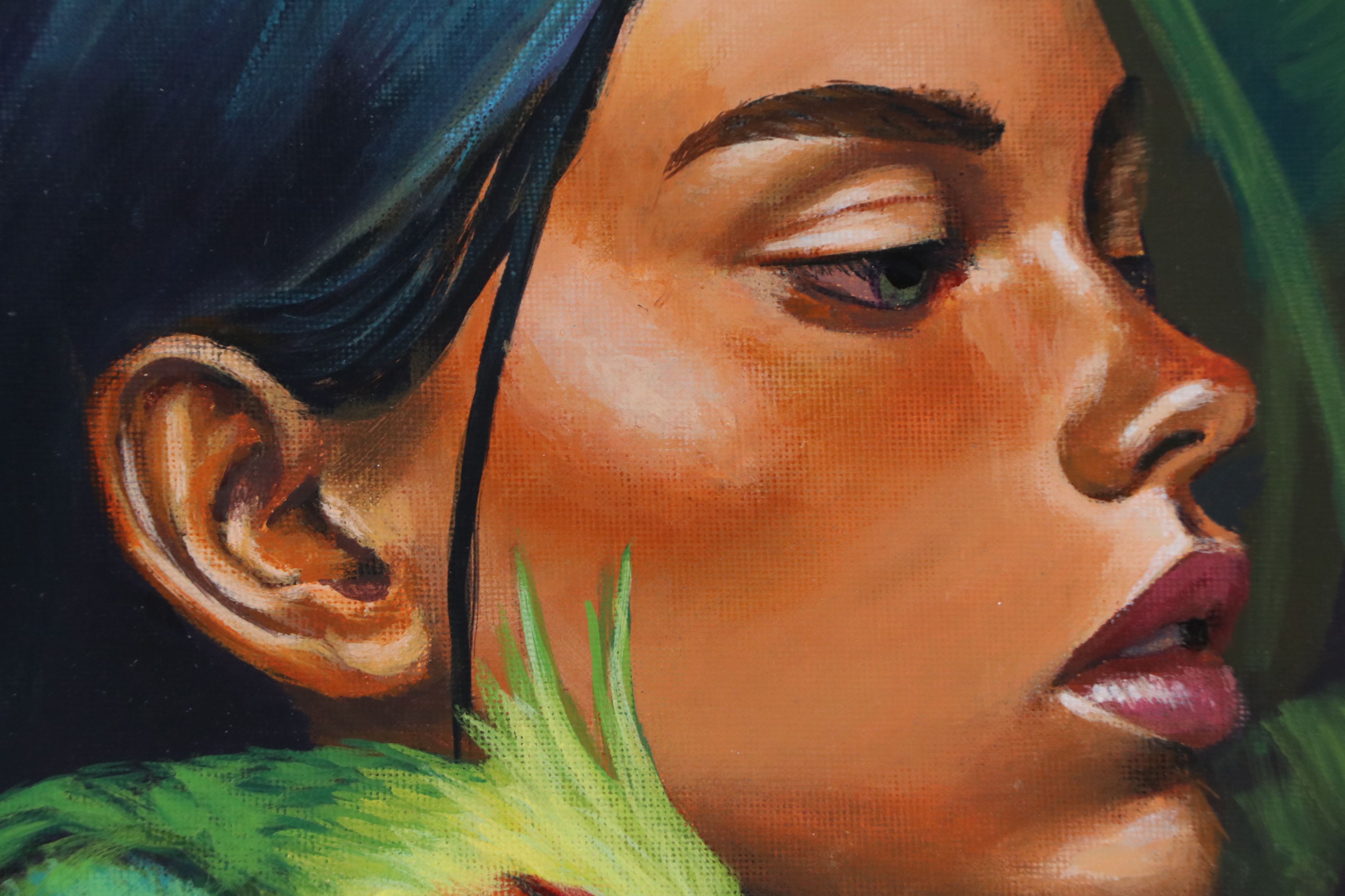 Loana L. Acrylic Painting of Girl with Blue and Gold Macaw, 21st Century