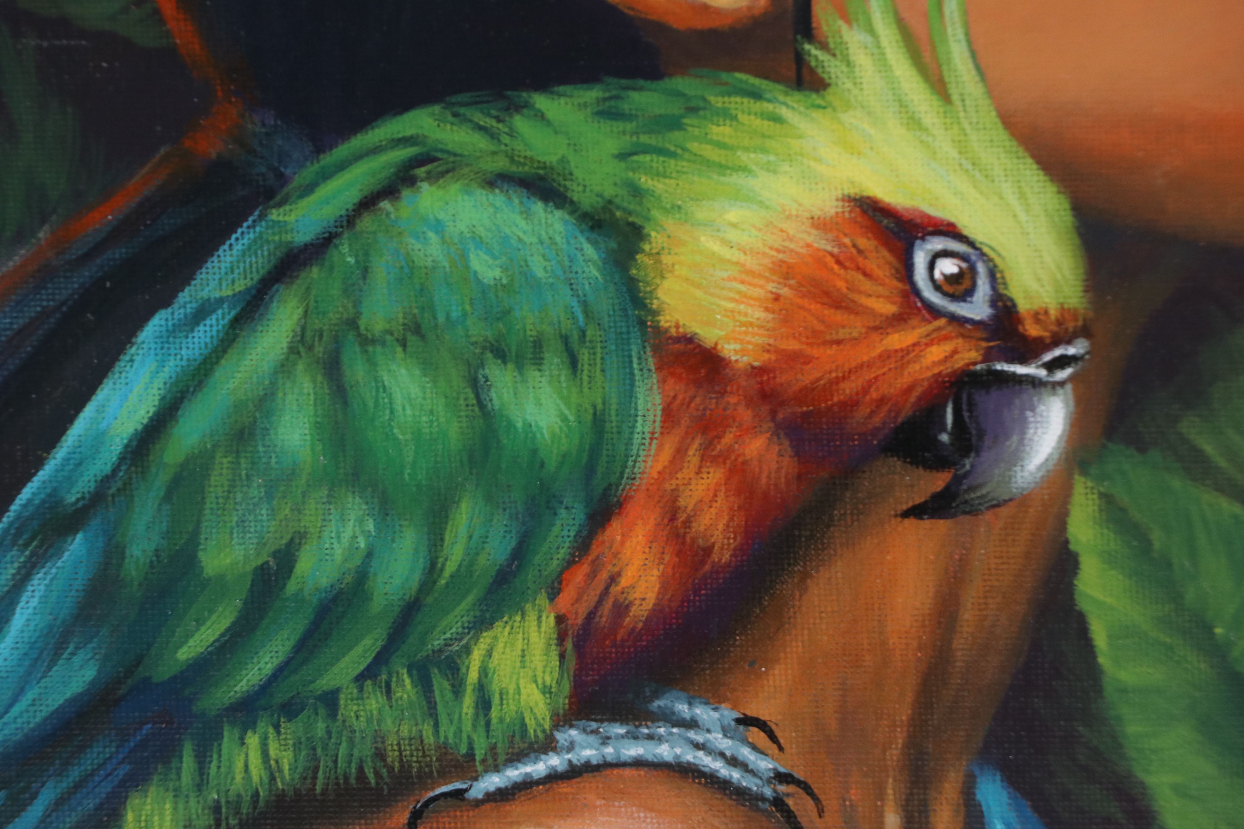 Loana L. Acrylic Painting of Girl with Blue and Gold Macaw, 21st Century