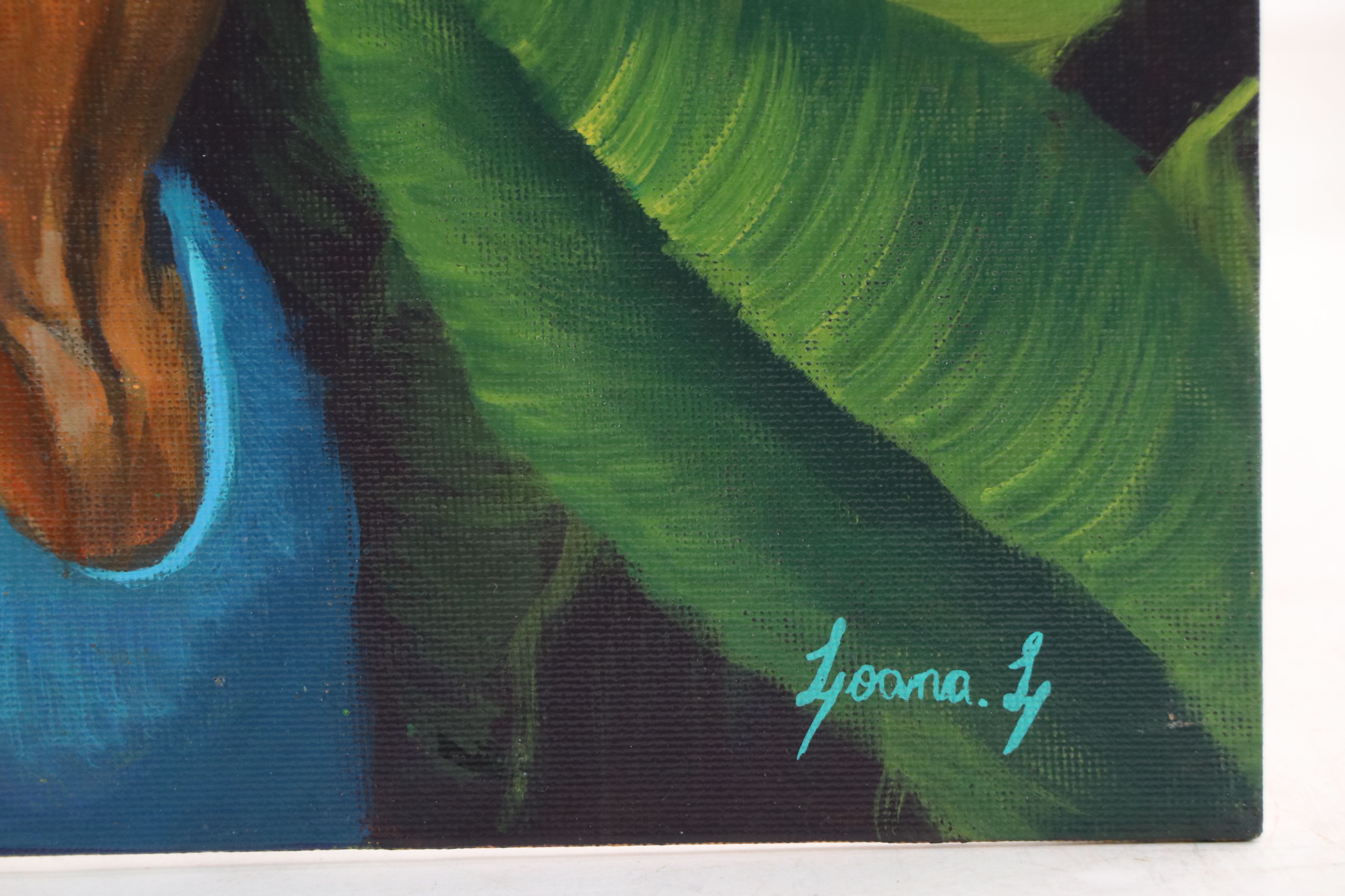 Loana L. Acrylic Painting of Girl with Blue and Gold Macaw, 21st Century