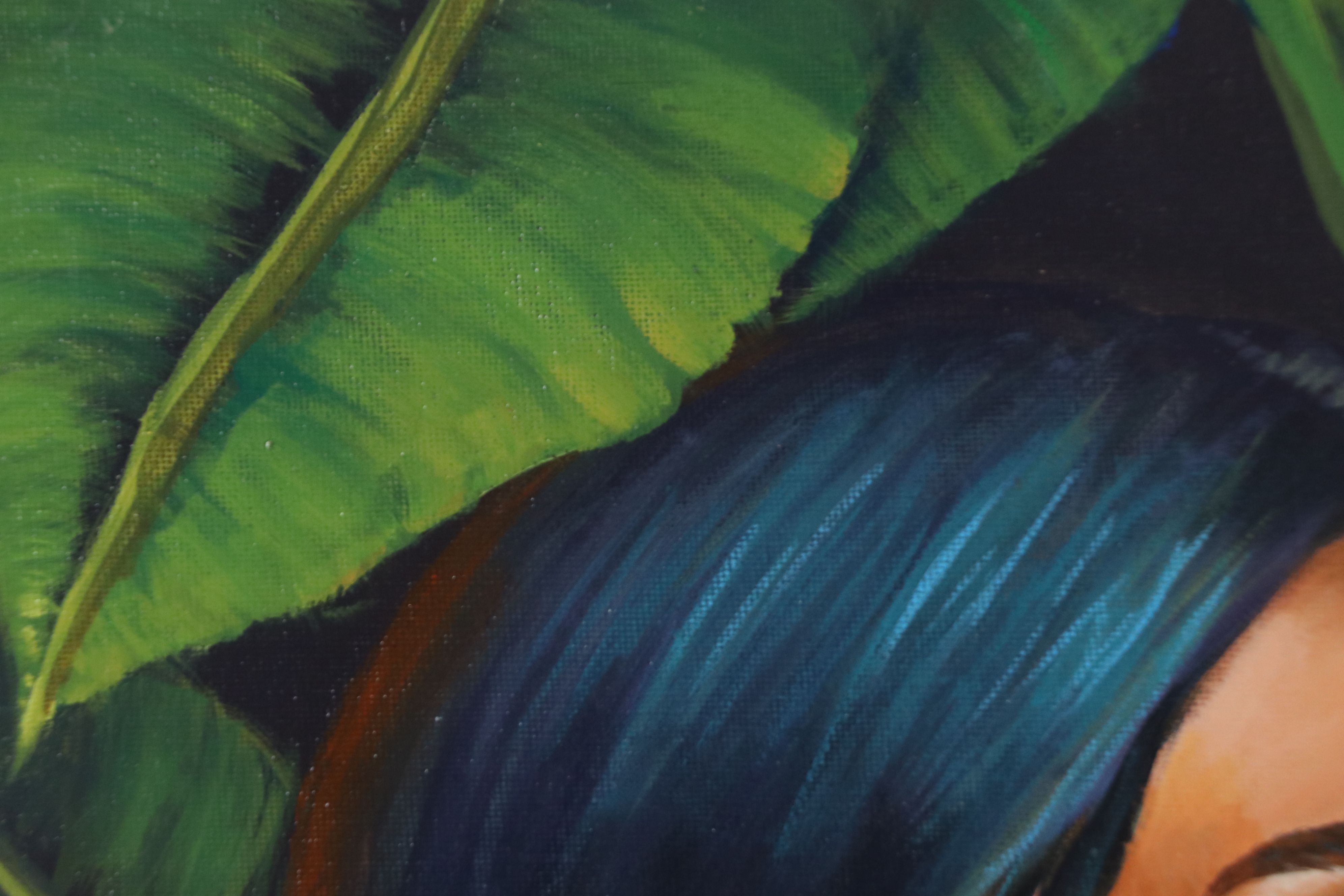 Loana L. Acrylic Painting of Girl with Blue and Gold Macaw, 21st Century