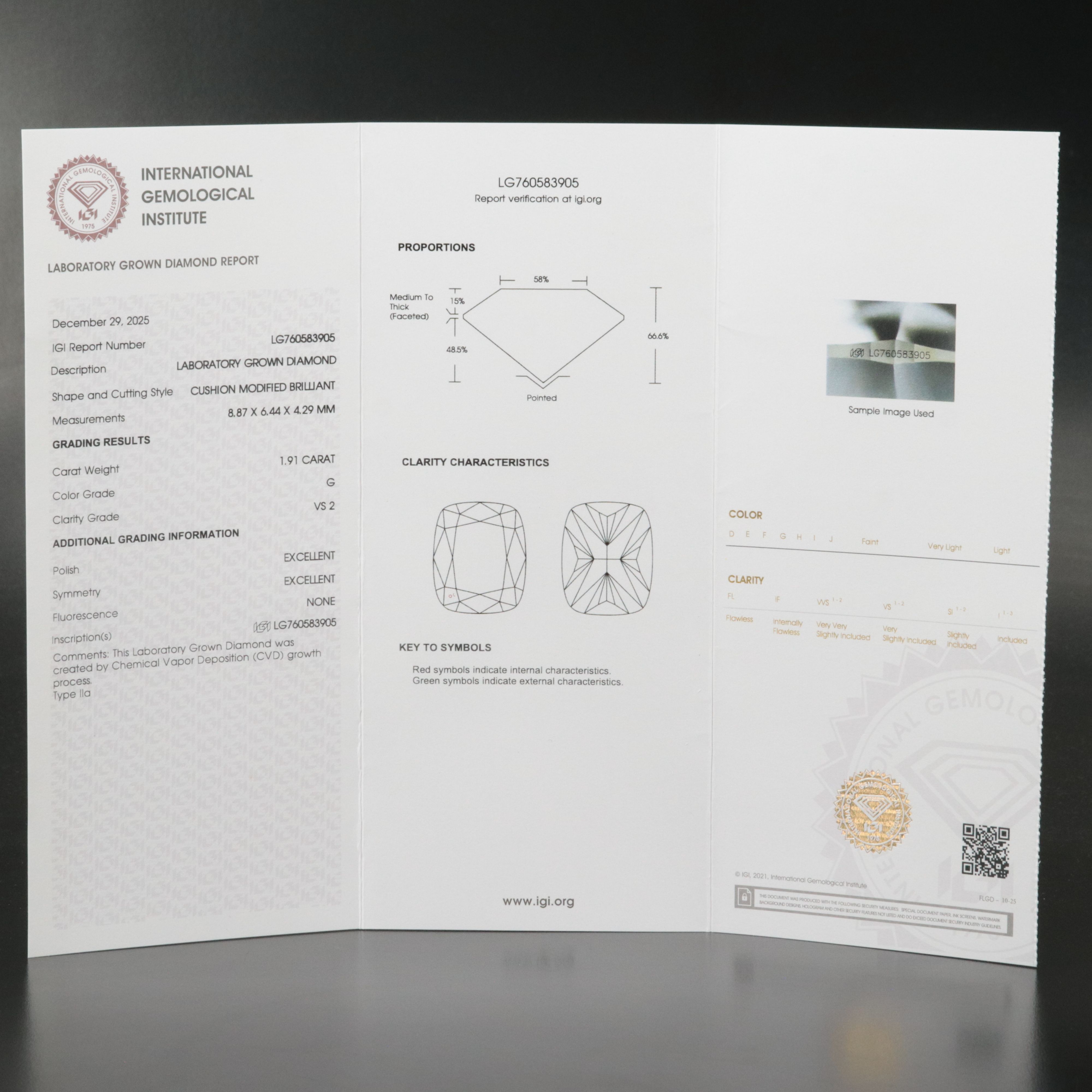 Loose 1.91 CT Lab Grown Diamond with IGI Report