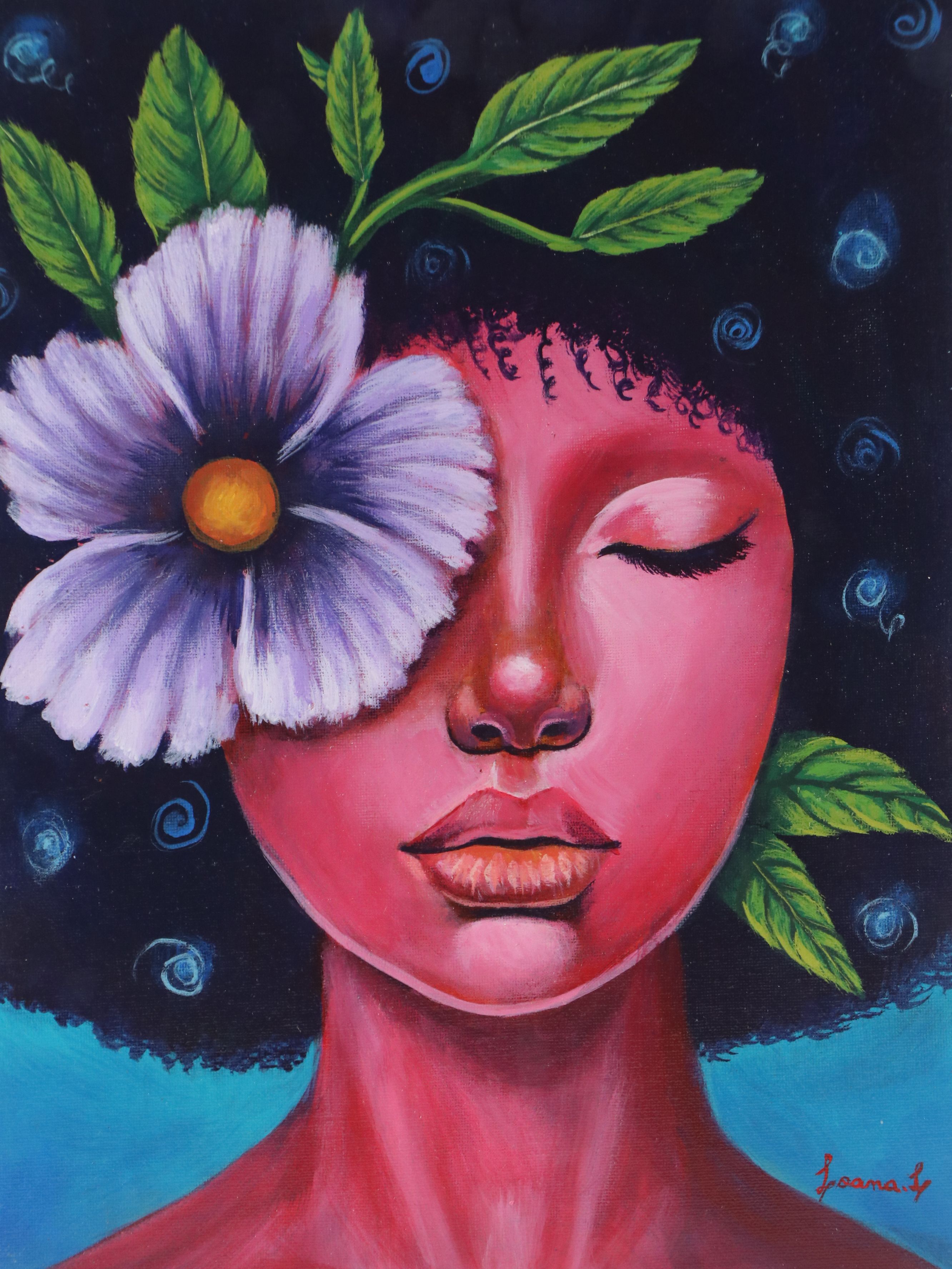 Loana L. Stylized Acrylic Painting of Girl with Hibiscus, 21st Century