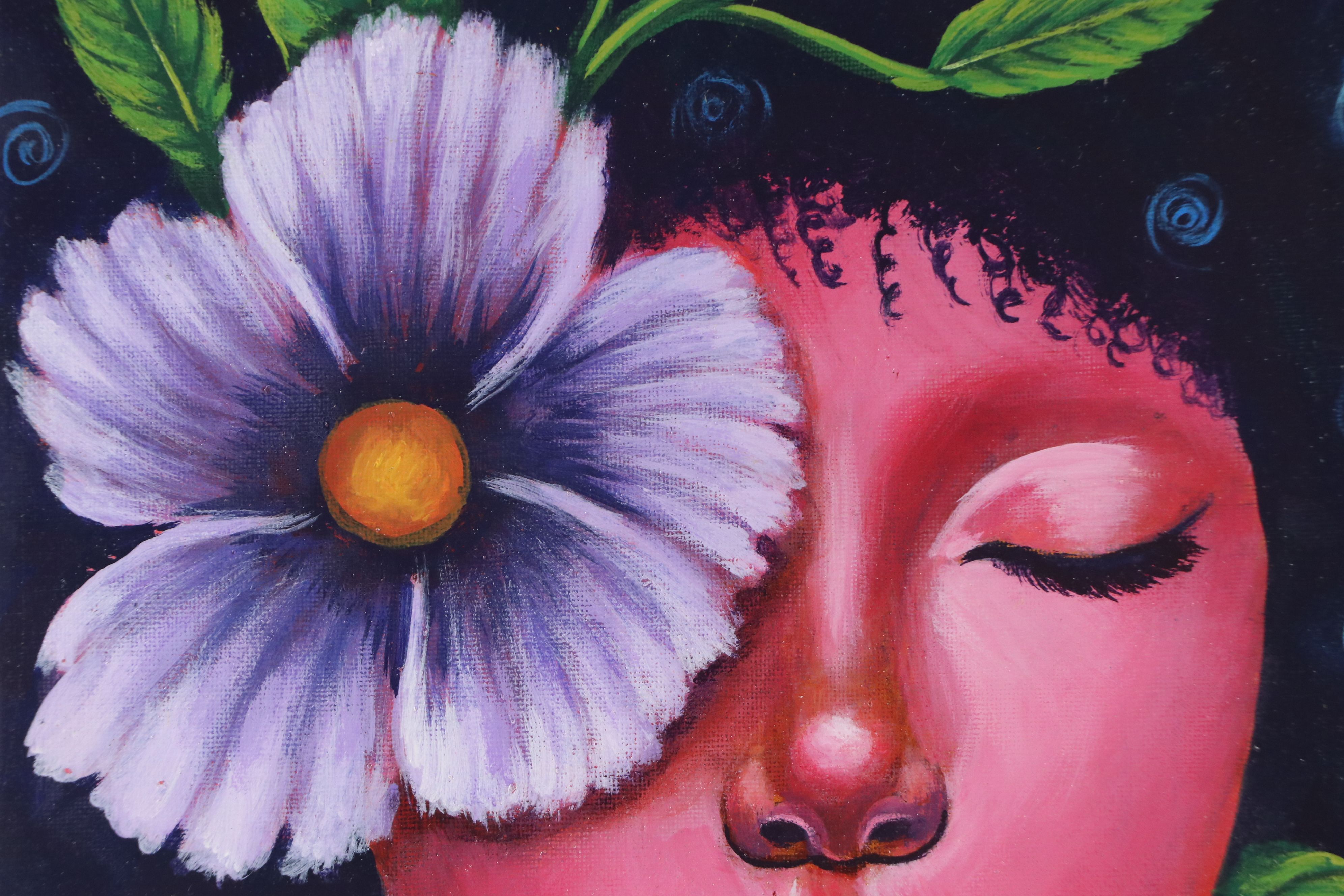 Loana L. Stylized Acrylic Painting of Girl with Hibiscus, 21st Century