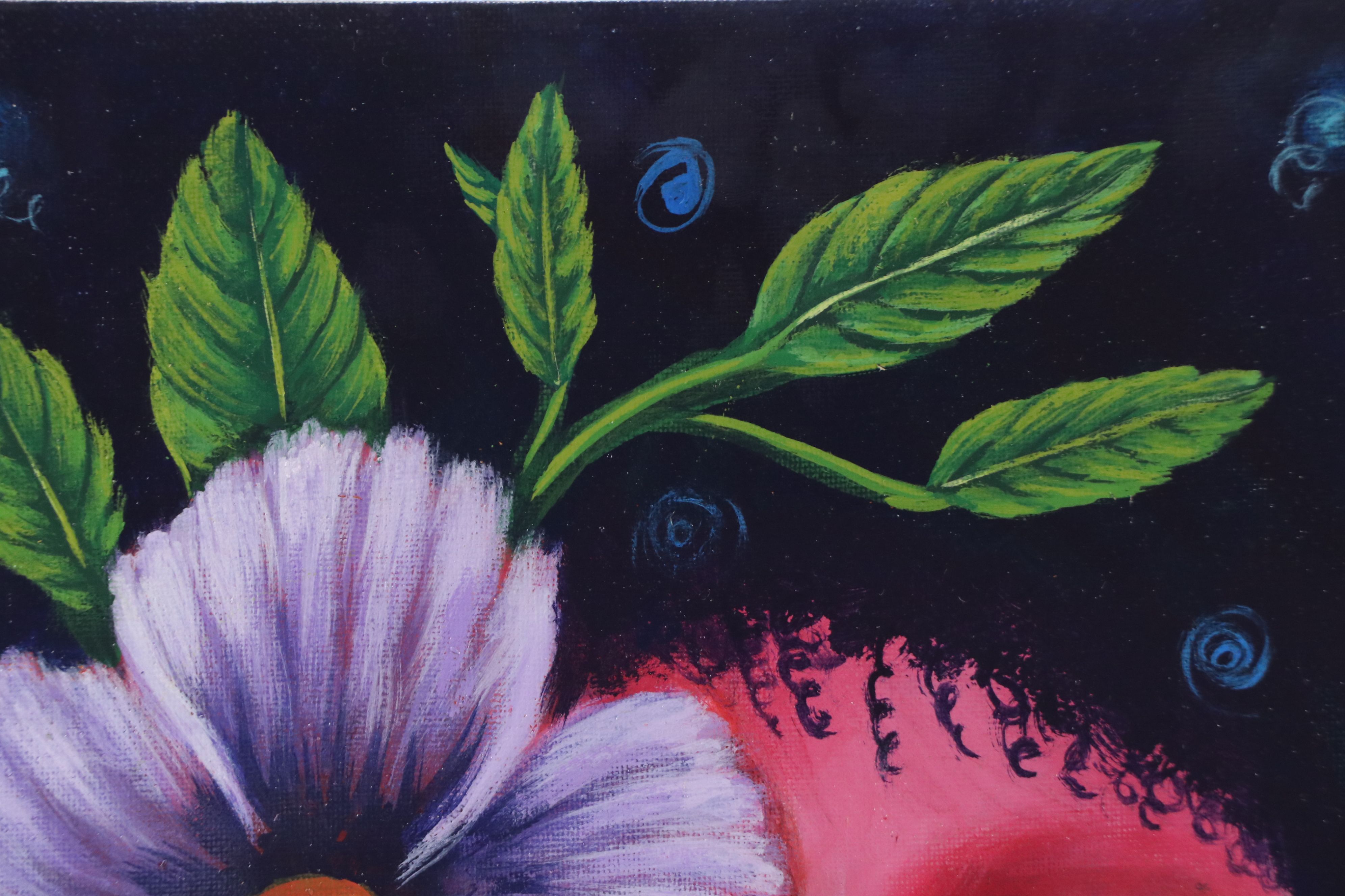 Loana L. Stylized Acrylic Painting of Girl with Hibiscus, 21st Century