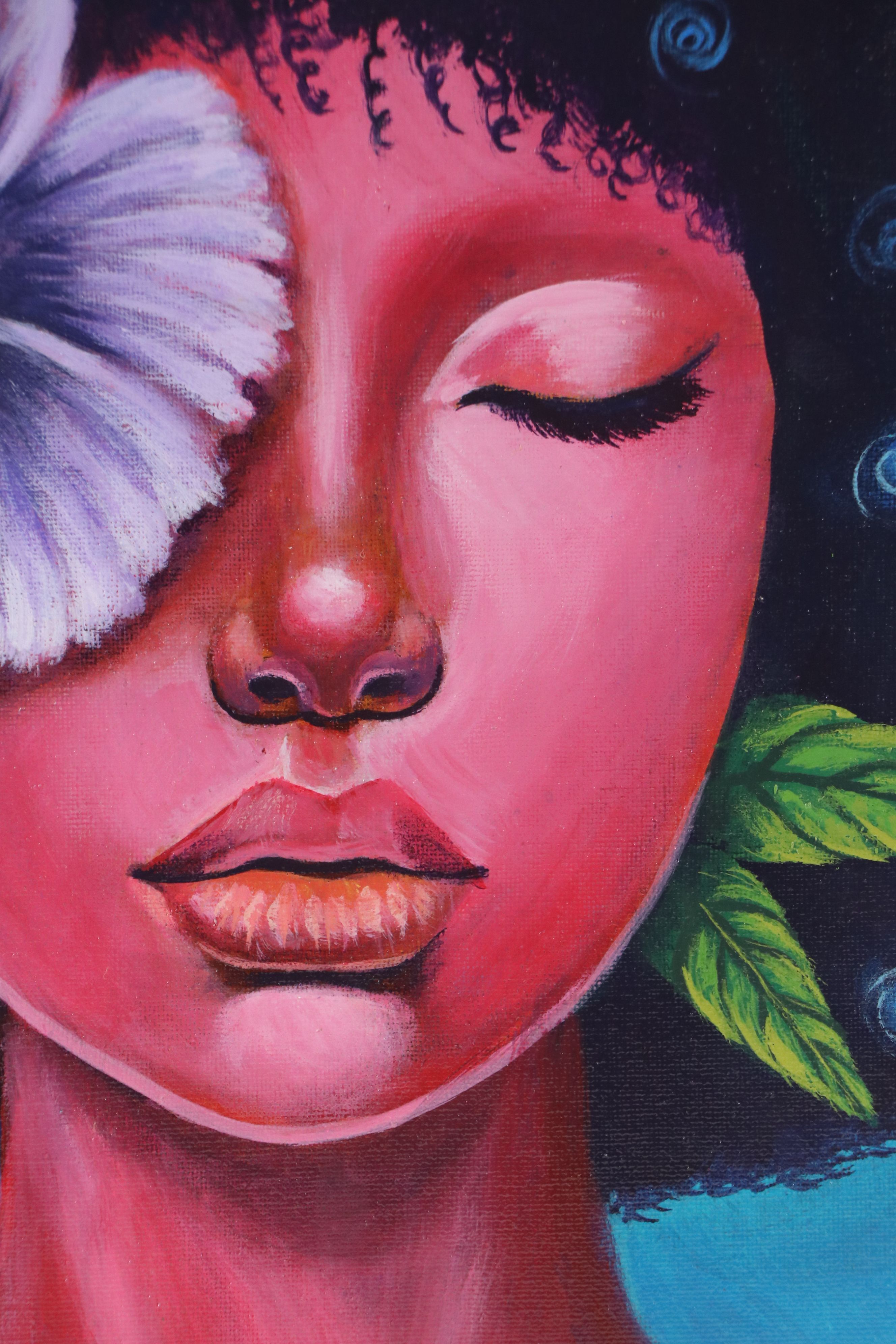 Loana L. Stylized Acrylic Painting of Girl with Hibiscus, 21st Century