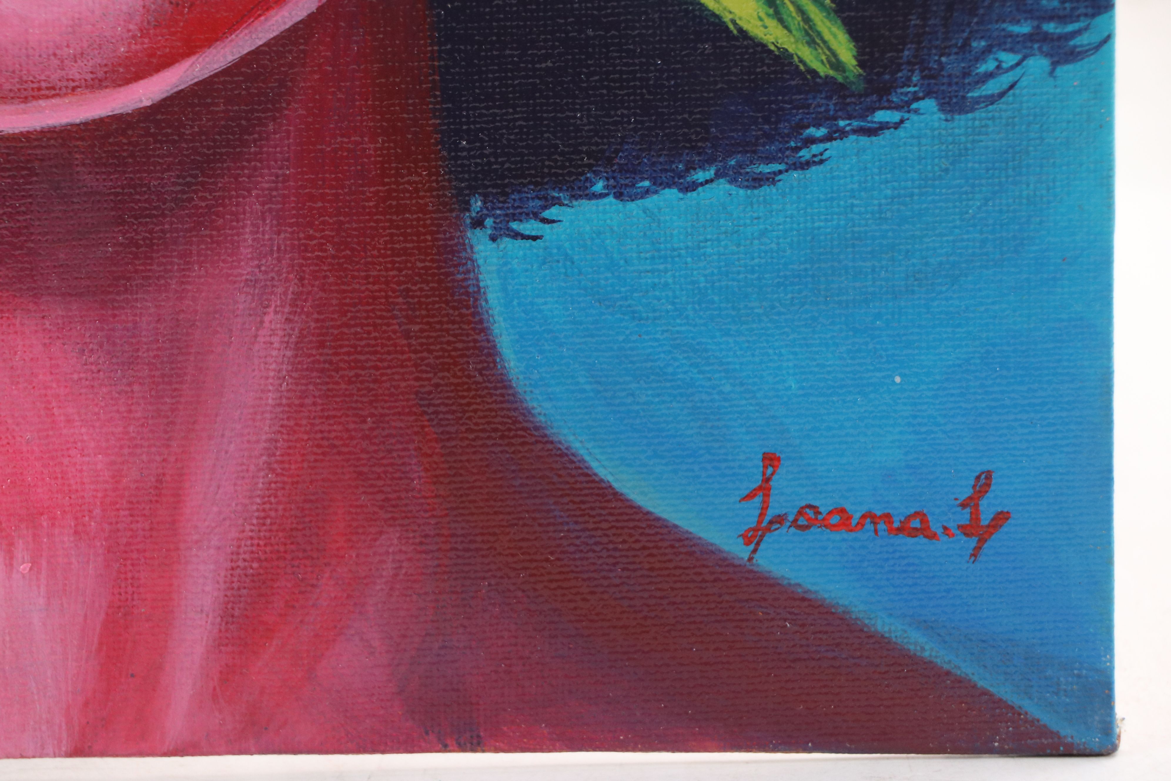 Loana L. Stylized Acrylic Painting of Girl with Hibiscus, 21st Century