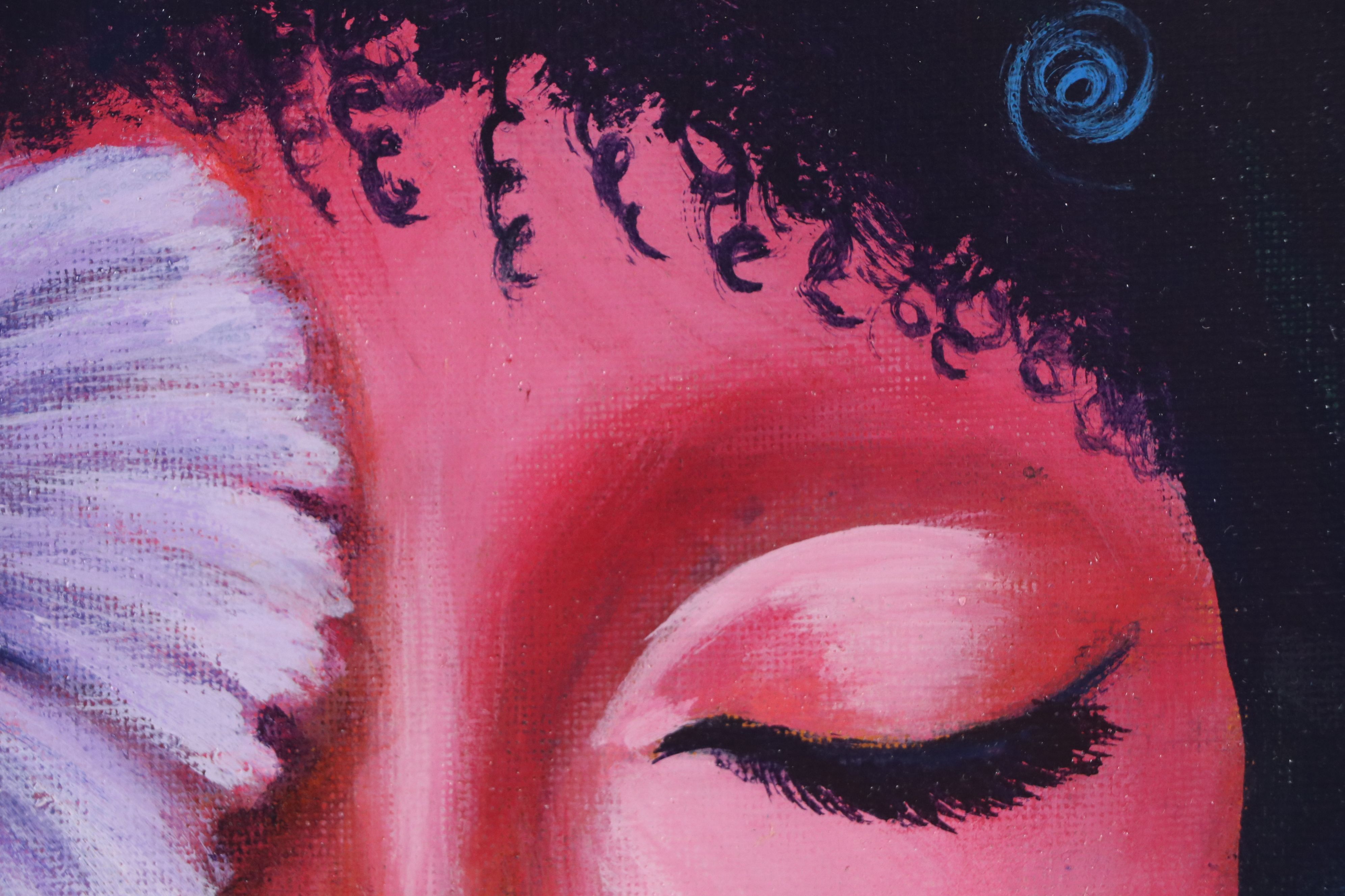 Loana L. Stylized Acrylic Painting of Girl with Hibiscus, 21st Century