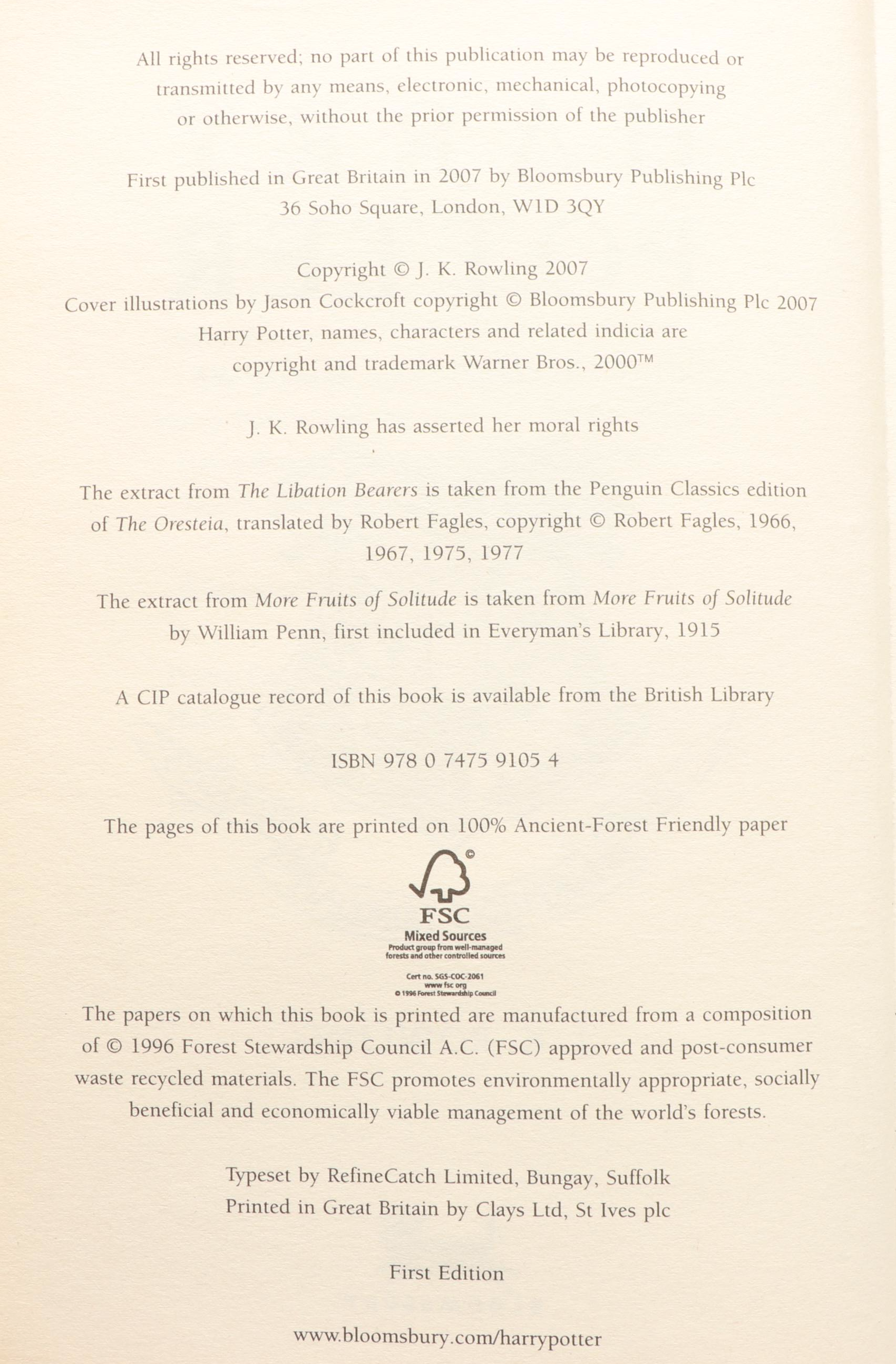 First UK Edition "Harry Potter and the Deathly Hallows" by J. K. Rowling