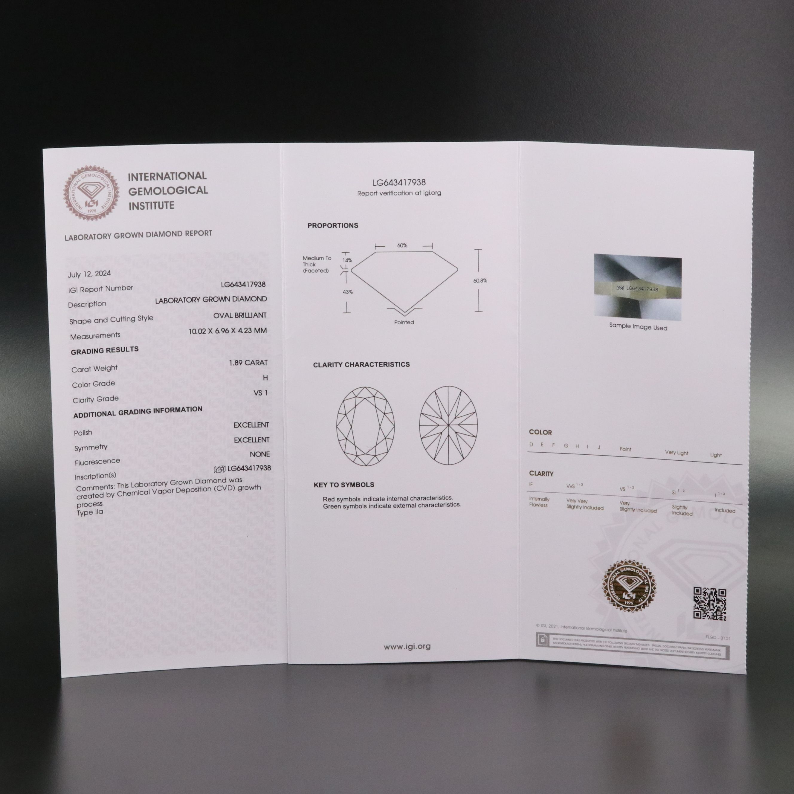 Loose 1.89 CT Lab Grown Diamond with IGI Report