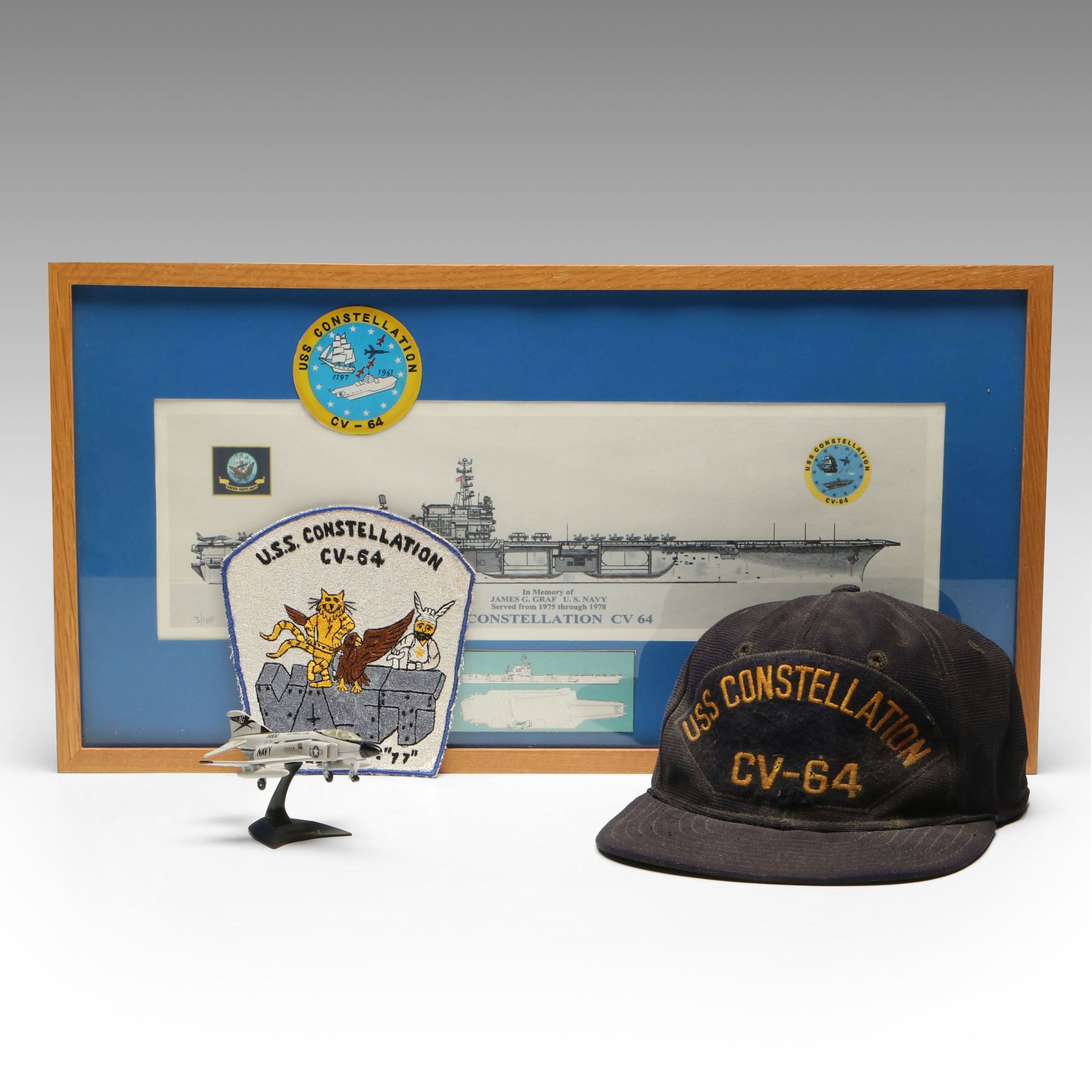 U.S.S. Constellation Print, Patch and Hat with F-4J Phantom II Figurine