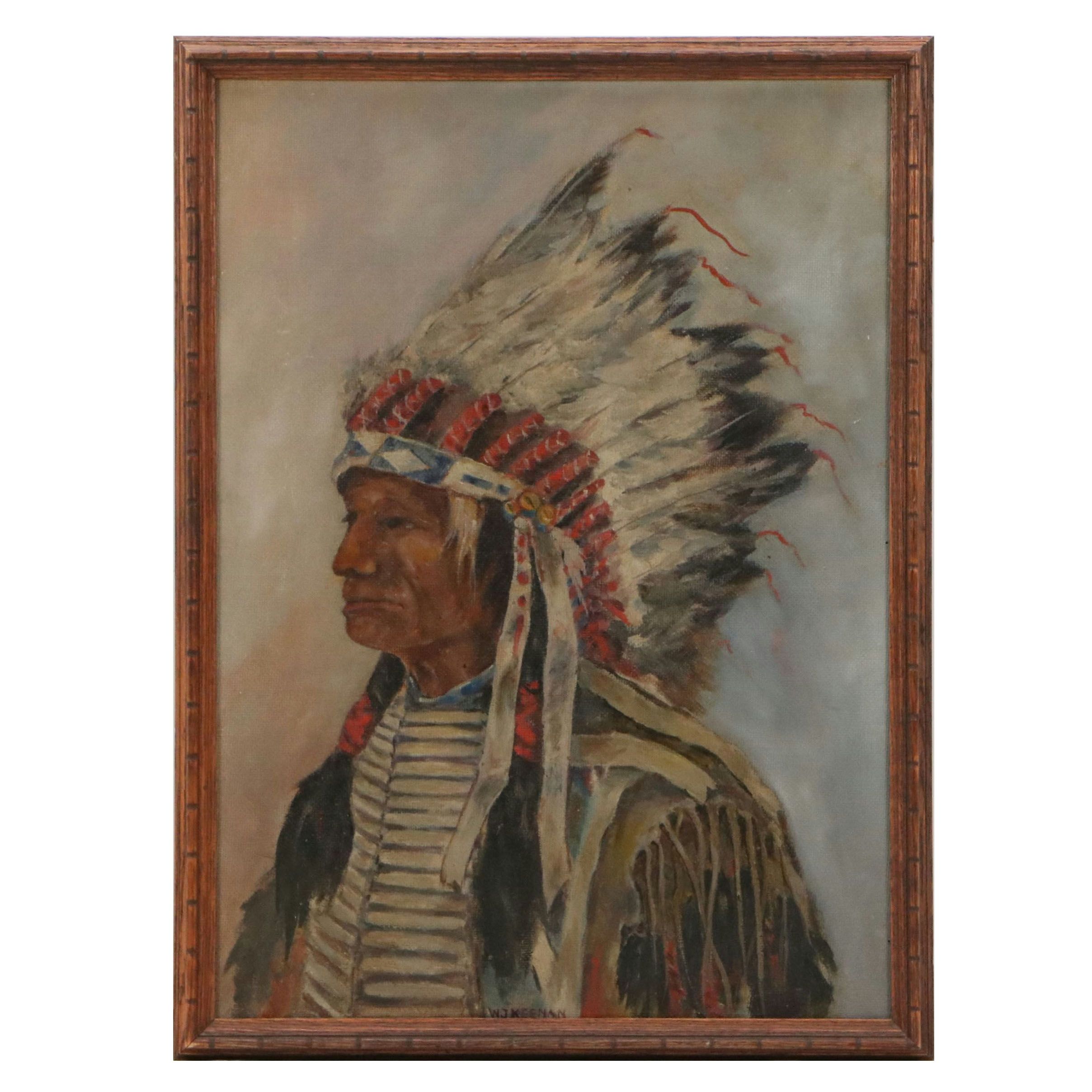 Walter James Keenan Oil Painting Portrait of Indigenous American, Early 20th C.