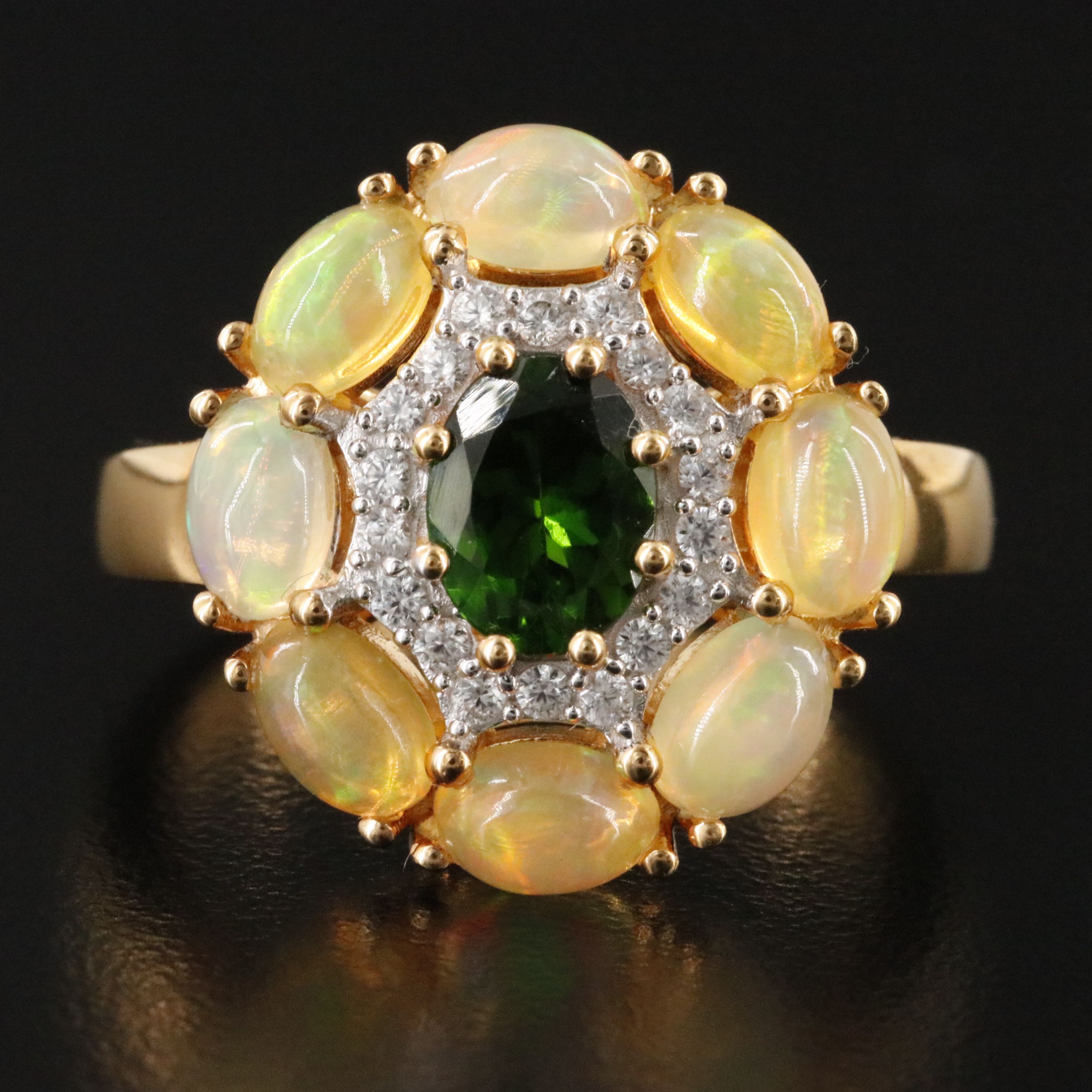 Sterling Chrome Diopside, Opal, and White Zircon Ring